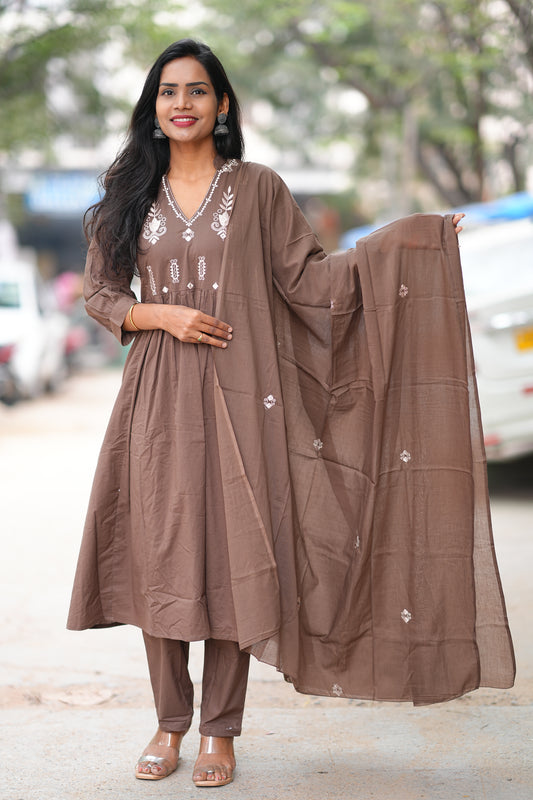 Brown Color Color Pure 92.5 Jaipur Cotton A line 3 Piece Set With Embroidery Work