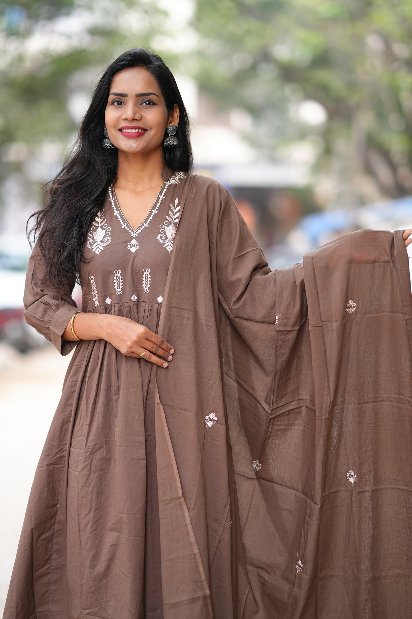 Brown Color Color Pure 92.5 Jaipur Cotton A line 3 Piece Set With Embroidery Work