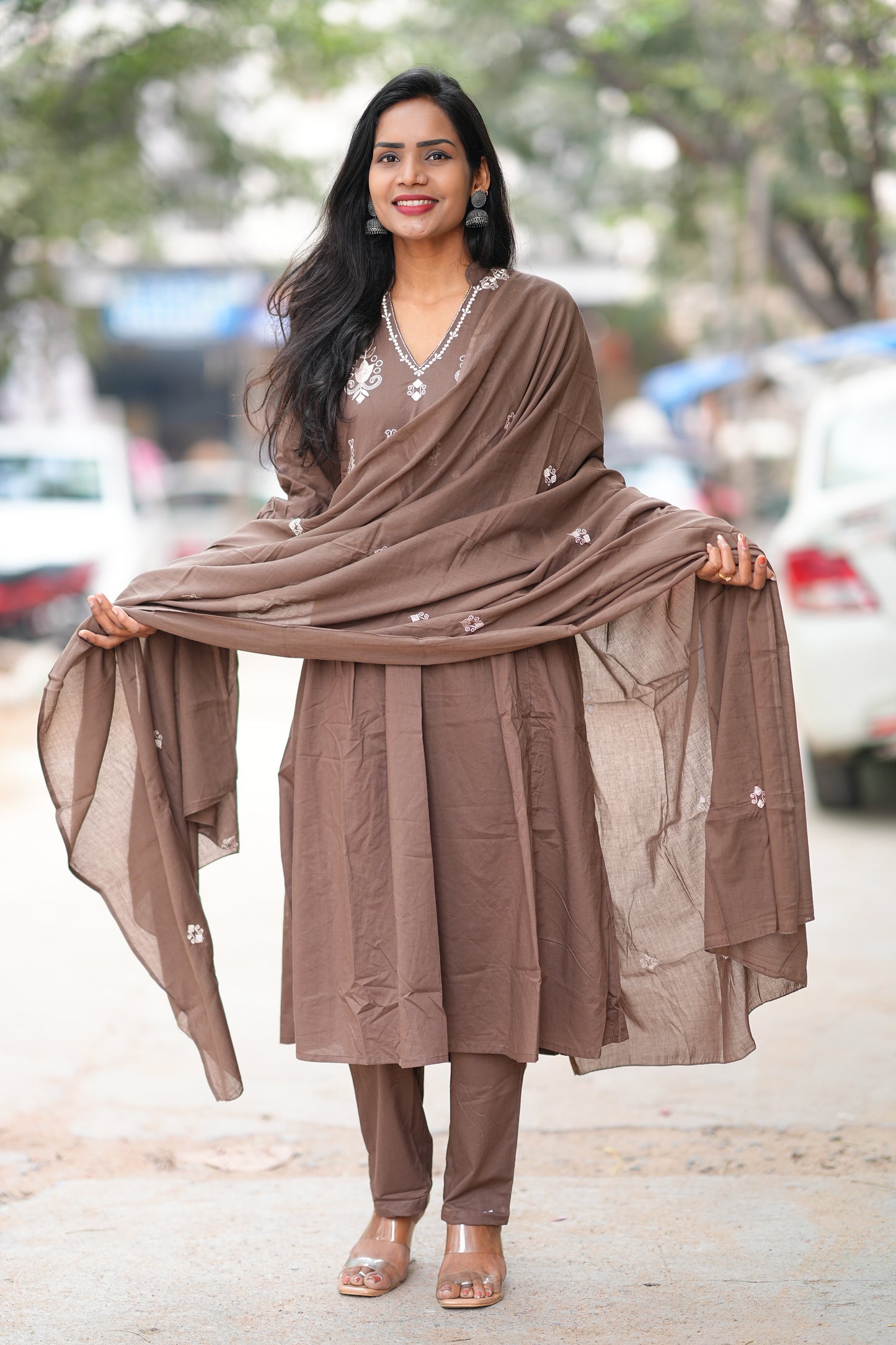 Brown Color Color Pure 92.5 Jaipur Cotton A line 3 Piece Set With Embroidery Work