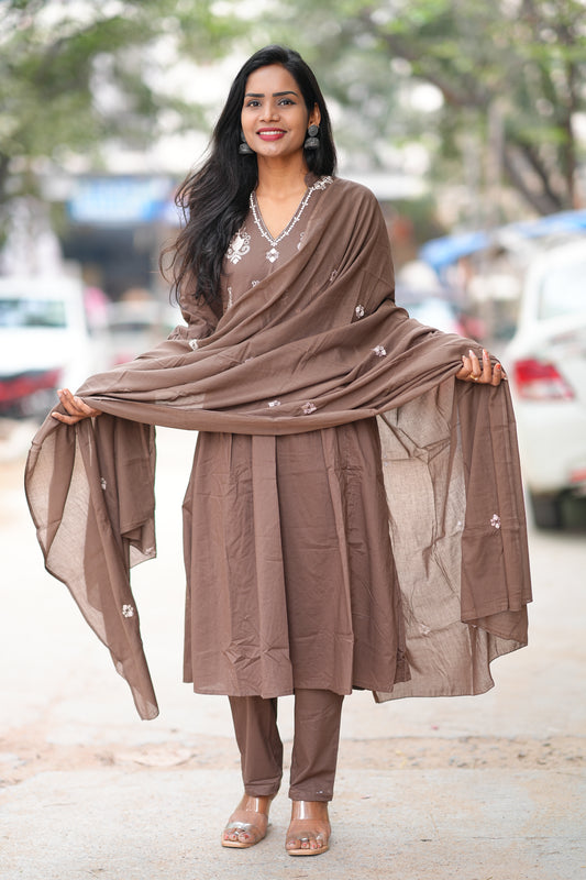 Brown Color Color Pure 92.5 Jaipur Cotton A line 3 Piece Set With Embroidery Work