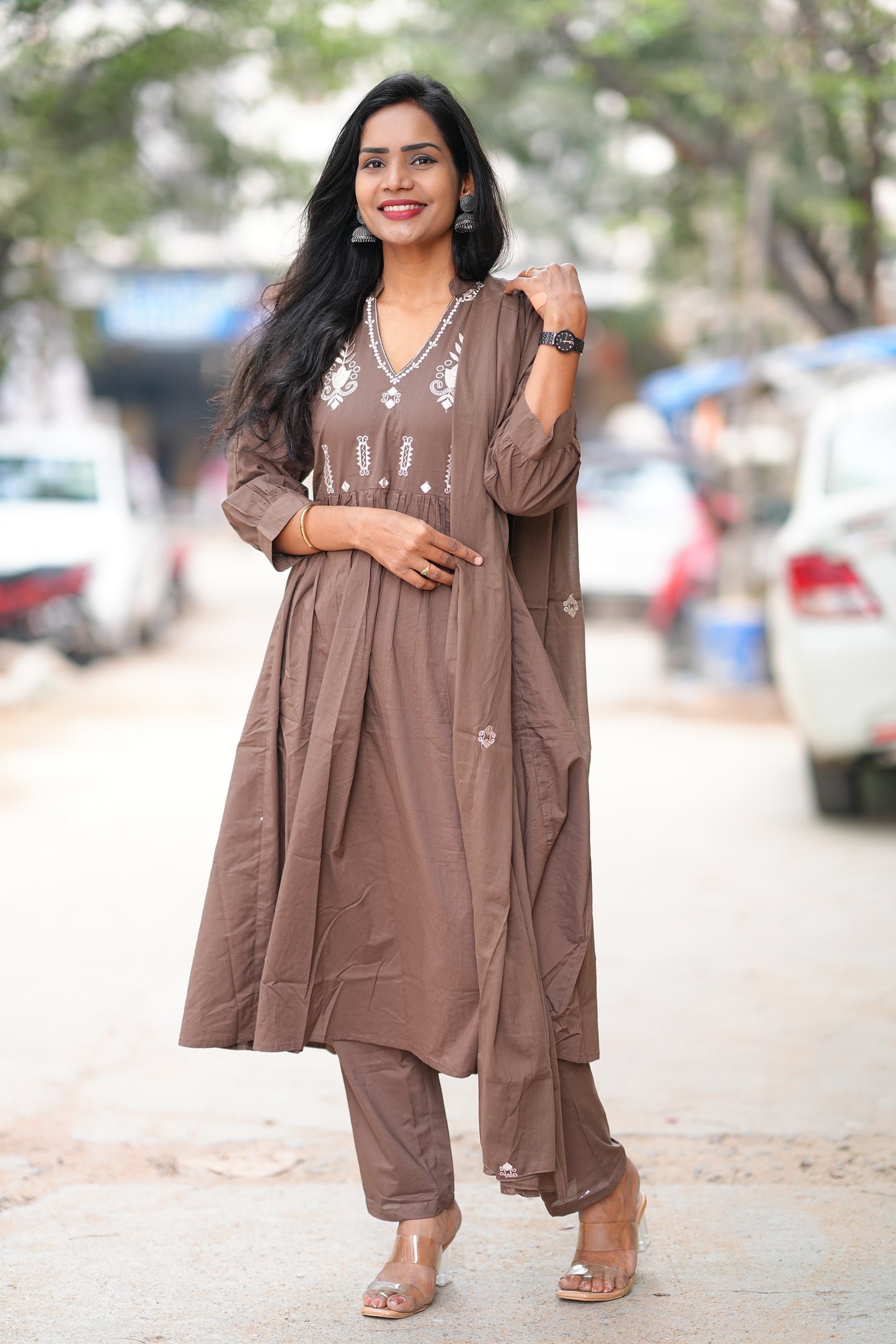 Brown Color Color Pure 92.5 Jaipur Cotton A line 3 Piece Set With Embroidery Work