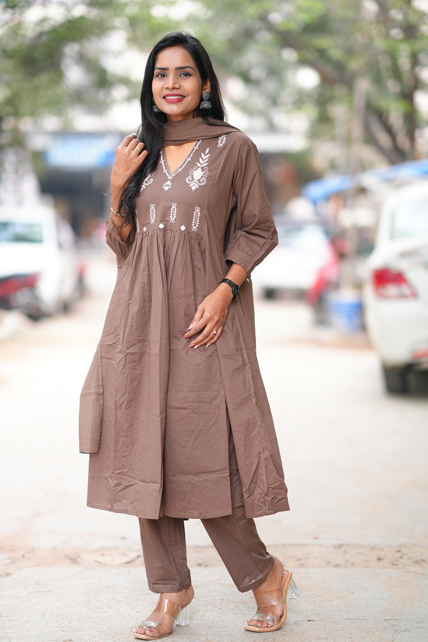 Brown Color Color Pure 92.5 Jaipur Cotton A line 3 Piece Set With Embroidery Work