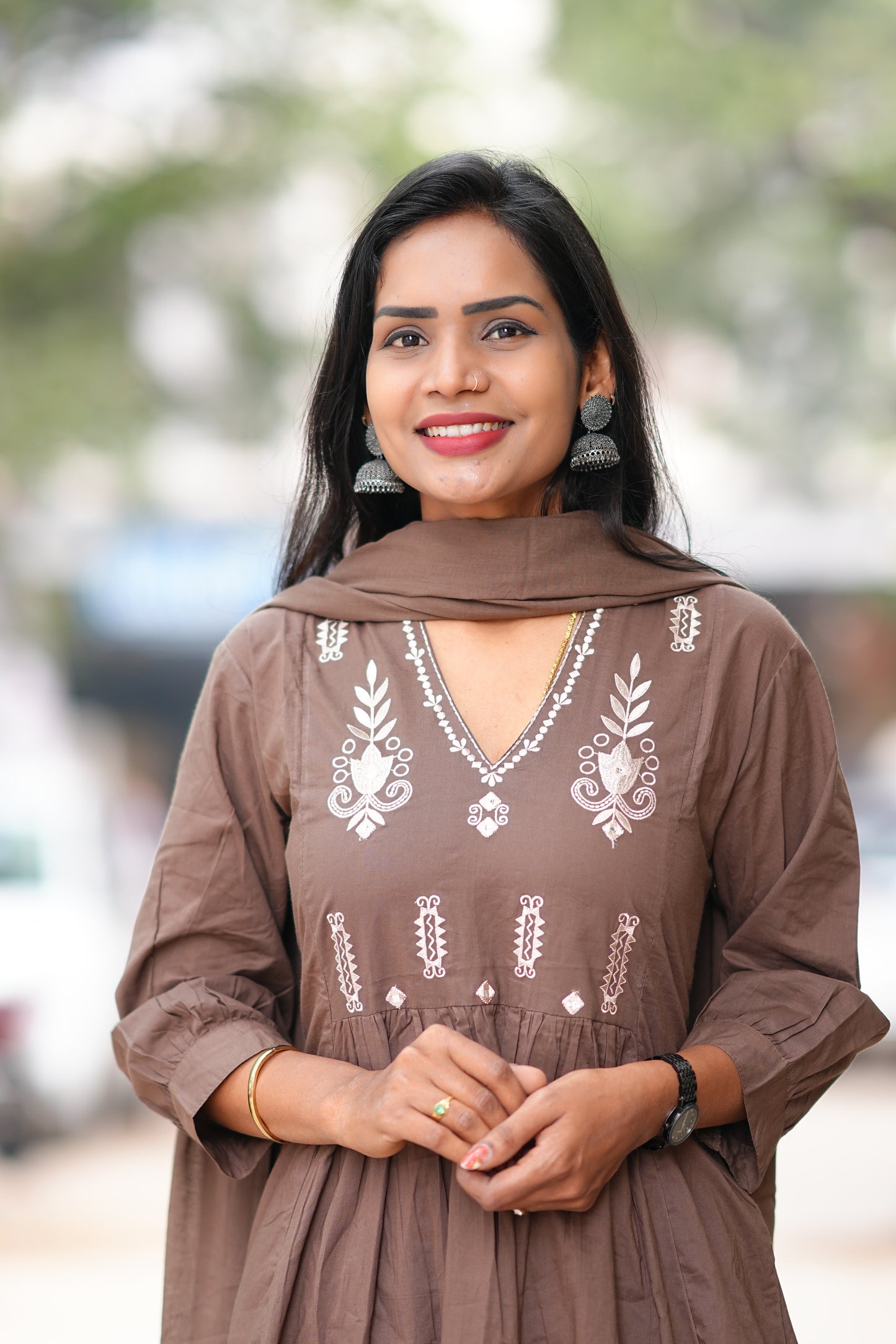 Brown Color Color Pure 92.5 Jaipur Cotton A line 3 Piece Set With Embroidery Work