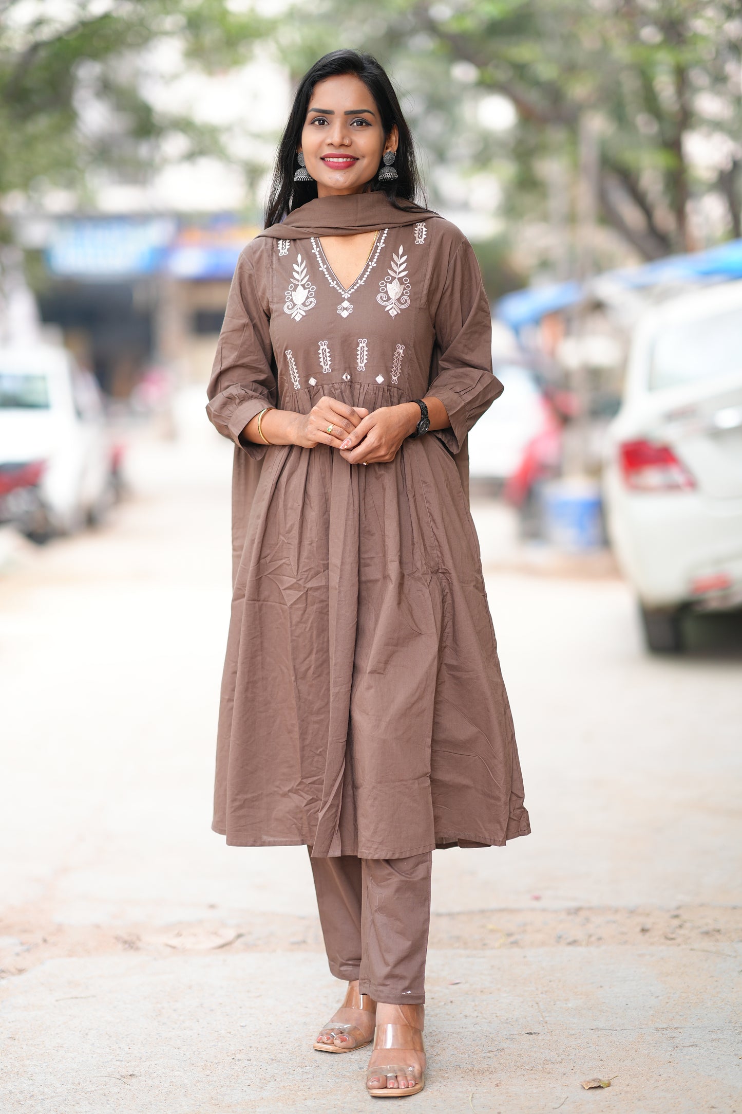 Brown Color Color Pure 92.5 Jaipur Cotton A line 3 Piece Set With Embroidery Work