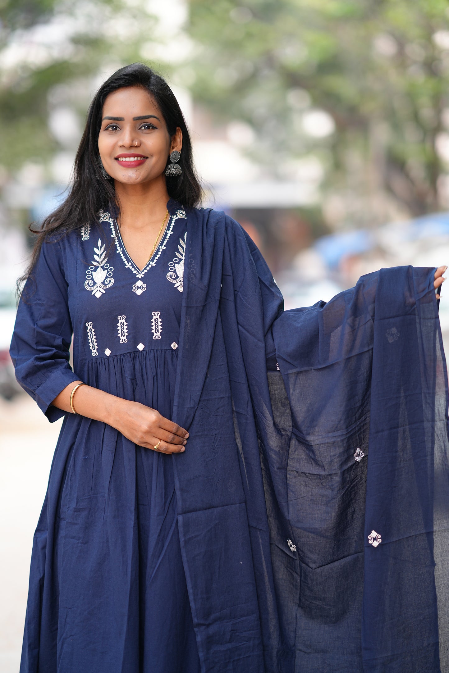 Blue Color Pure 92.5 Jaipur Cotton A line 3 Piece Set With Embroidery Work