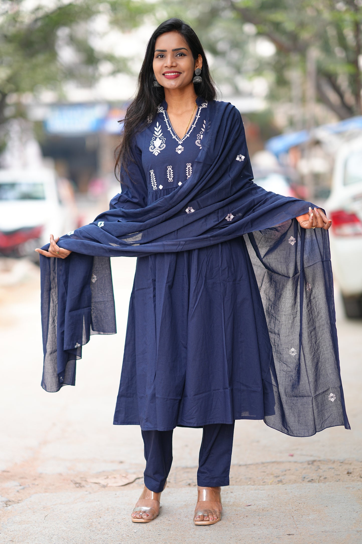 Blue Color Pure 92.5 Jaipur Cotton A line 3 Piece Set With Embroidery Work