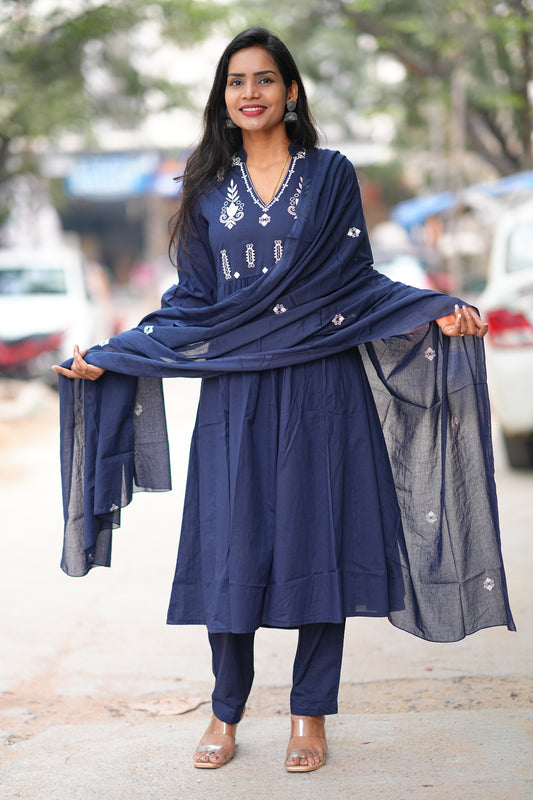 Blue Color Pure 92.5 Jaipur Cotton A line 3 Piece Set With Embroidery Work