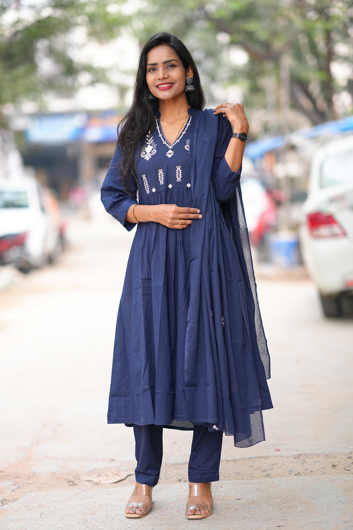 Navy Blue Color Pure 92.5 Jaipur Cotton A line 3 Piece Set With Embroidery Work