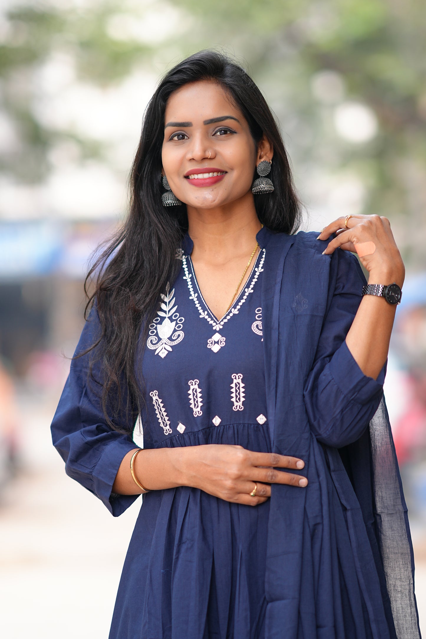 Blue Color Pure 92.5 Jaipur Cotton A line 3 Piece Set With Embroidery Work