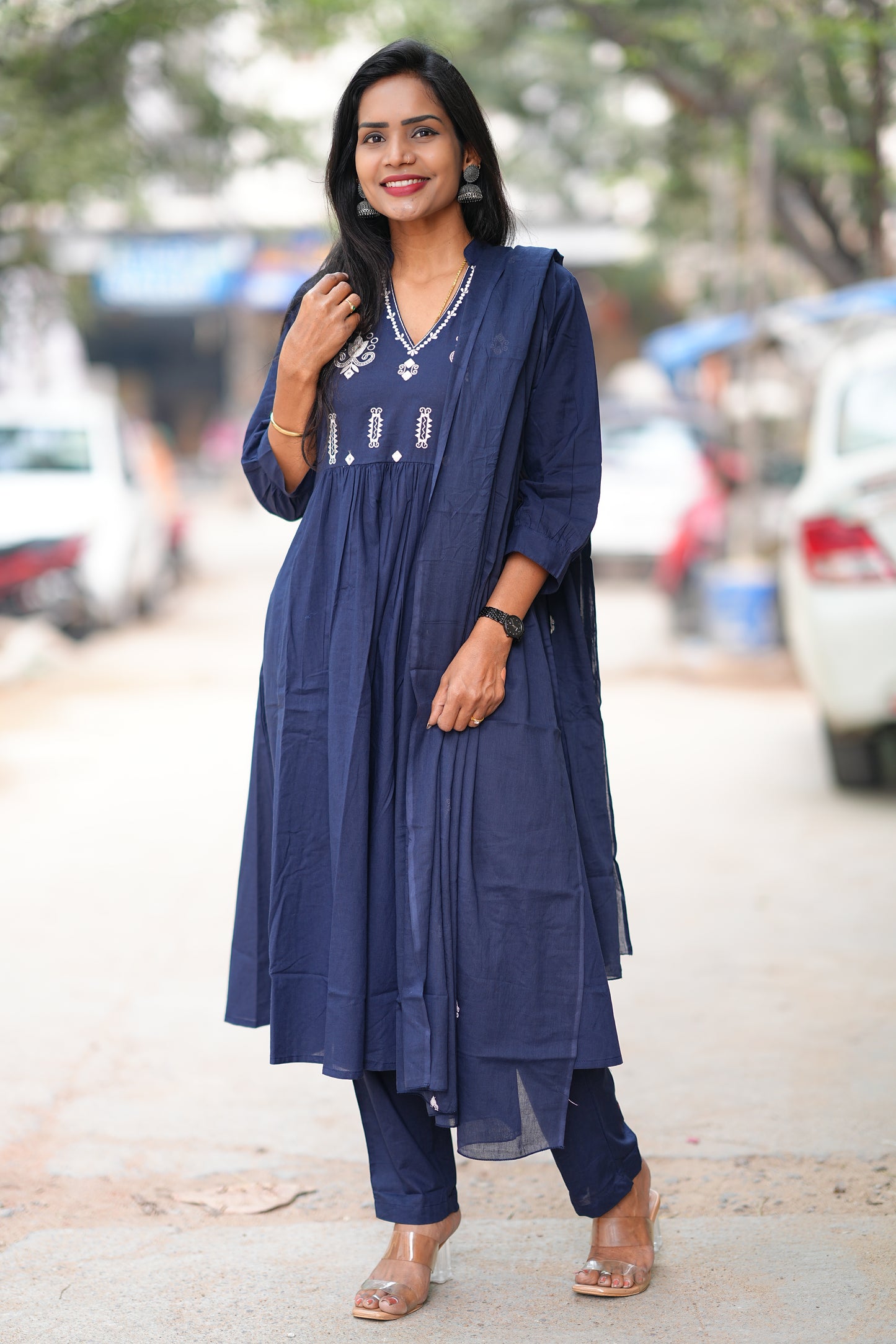 Blue Color Pure 92.5 Jaipur Cotton A line 3 Piece Set With Embroidery Work