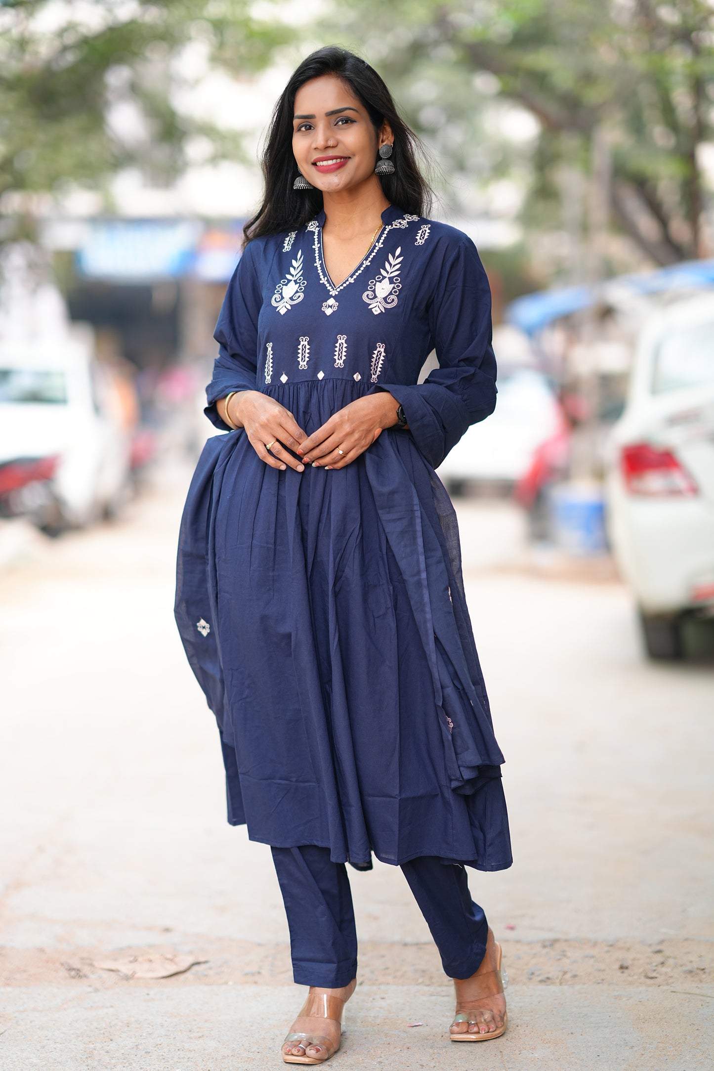 Navy Blue Color Pure 92.5 Jaipur Cotton A line 3 Piece Set With Embroidery Work