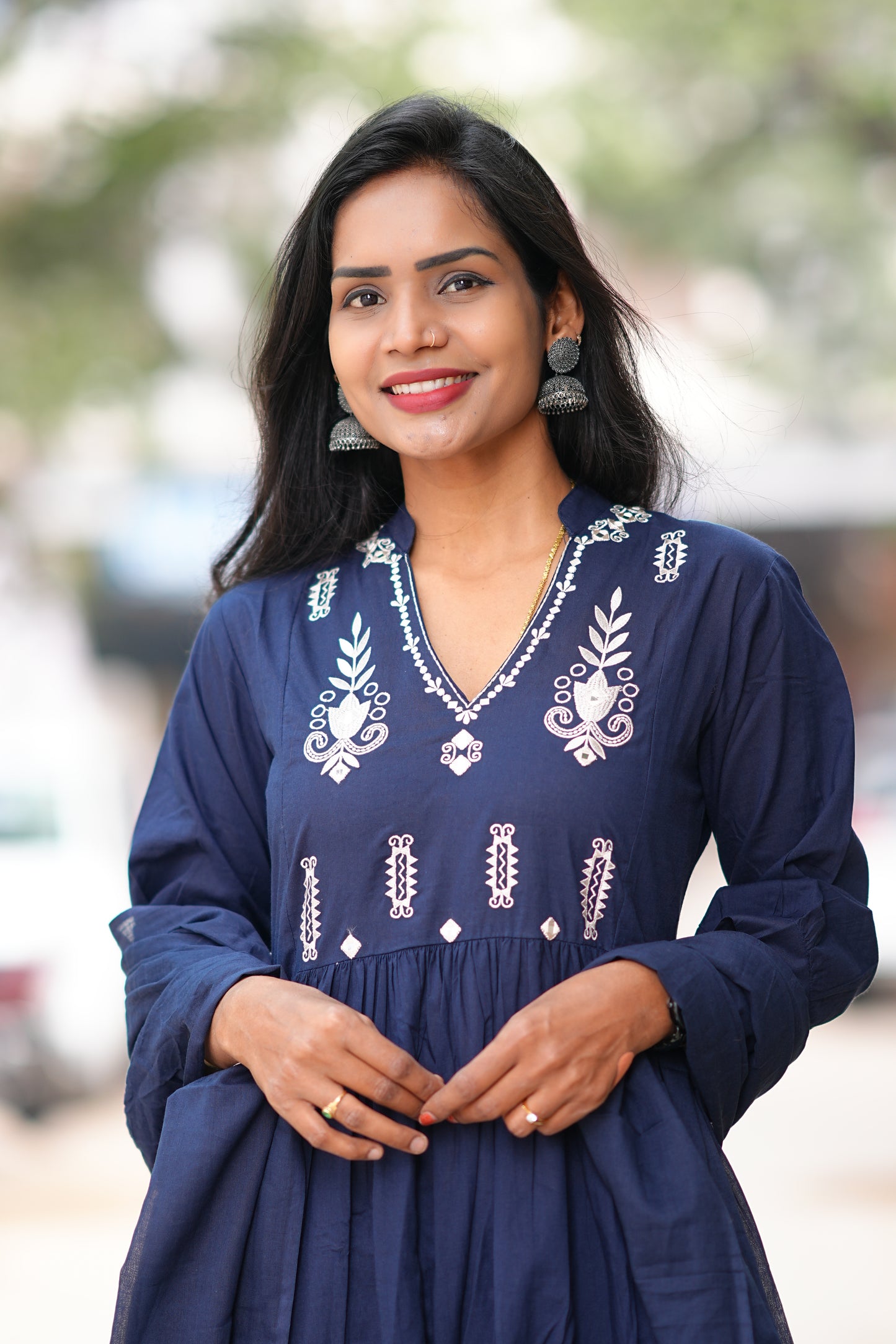 Navy Blue Color Pure 92.5 Jaipur Cotton A line 3 Piece Set With Embroidery Work