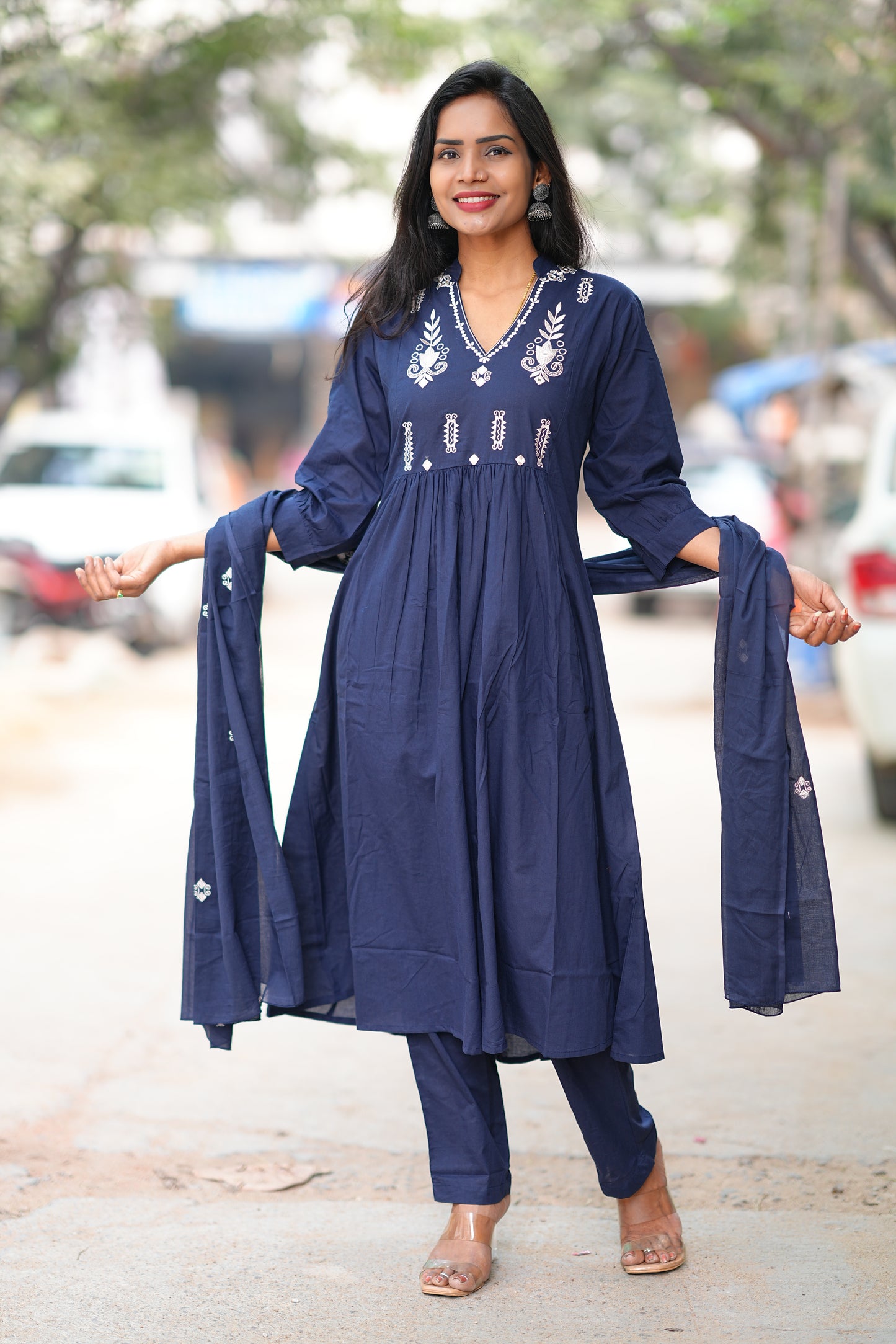 Navy Blue Color Pure 92.5 Jaipur Cotton A line 3 Piece Set With Embroidery Work