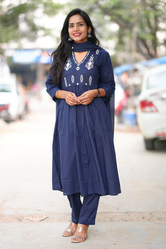 Navy Blue Color Pure 92.5 Jaipur Cotton A line 3 Piece Set With Embroidery Work