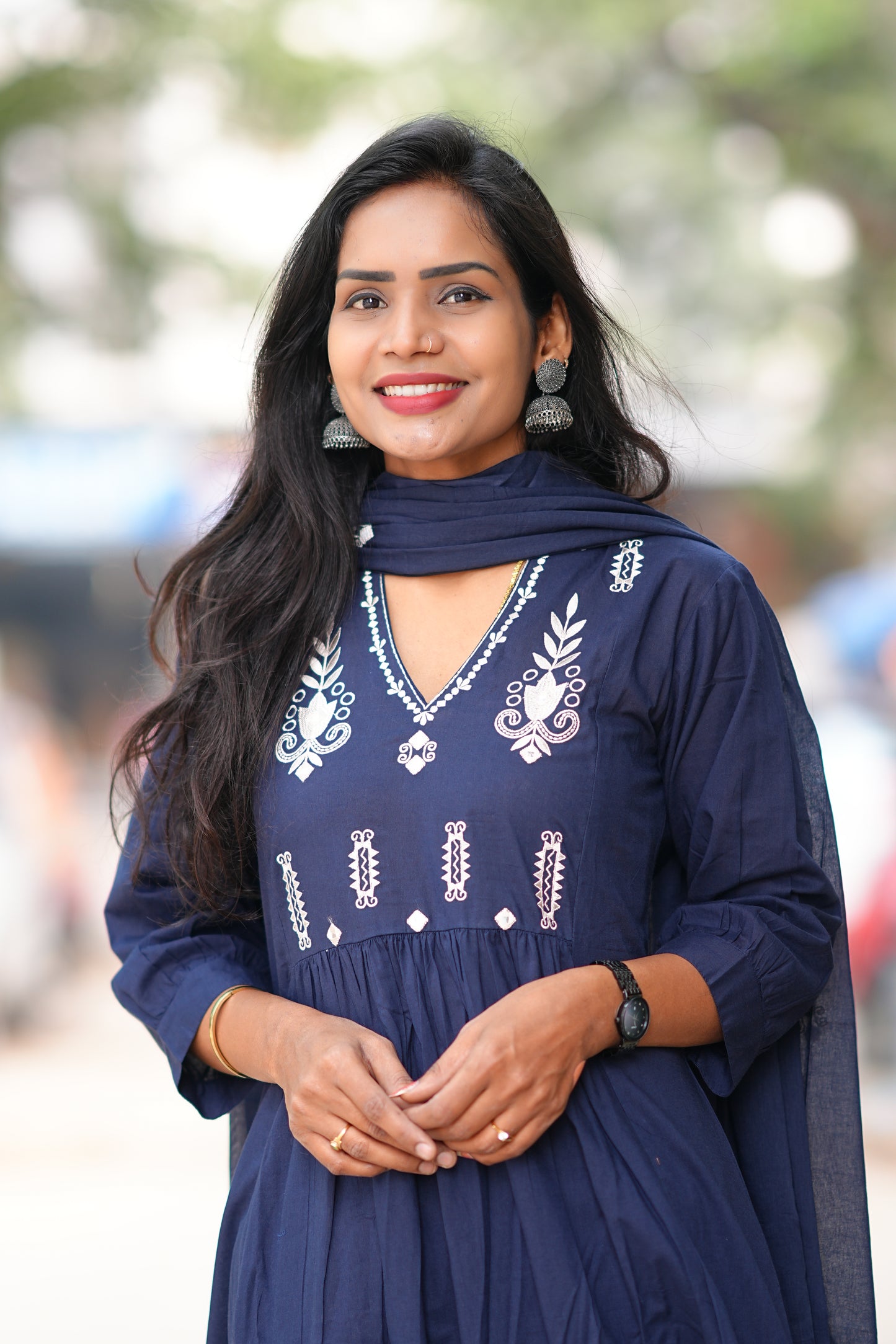 Navy Blue Color Pure 92.5 Jaipur Cotton A line 3 Piece Set With Embroidery Work