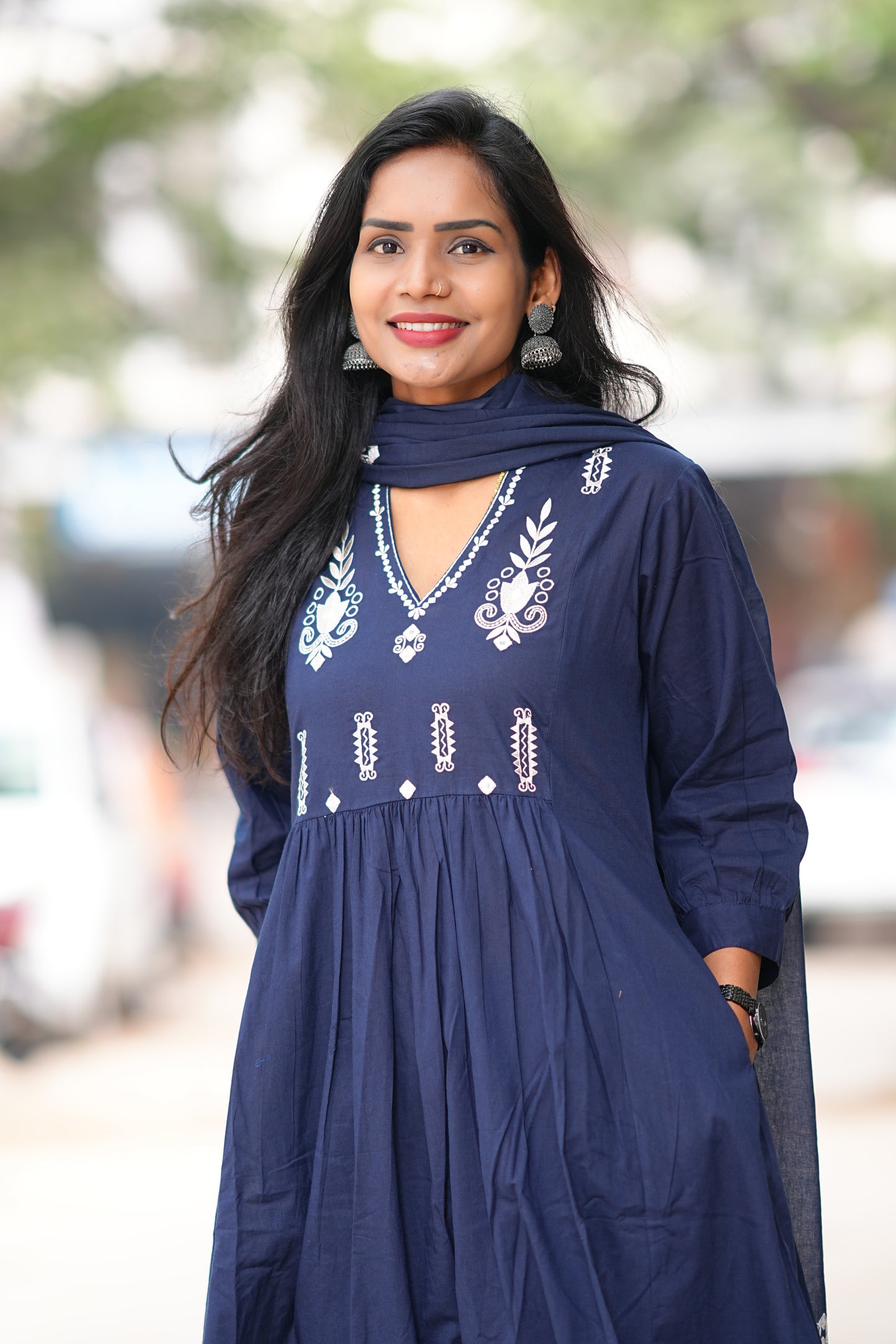 Navy Blue Color Pure 92.5 Jaipur Cotton A line 3 Piece Set With Embroidery Work