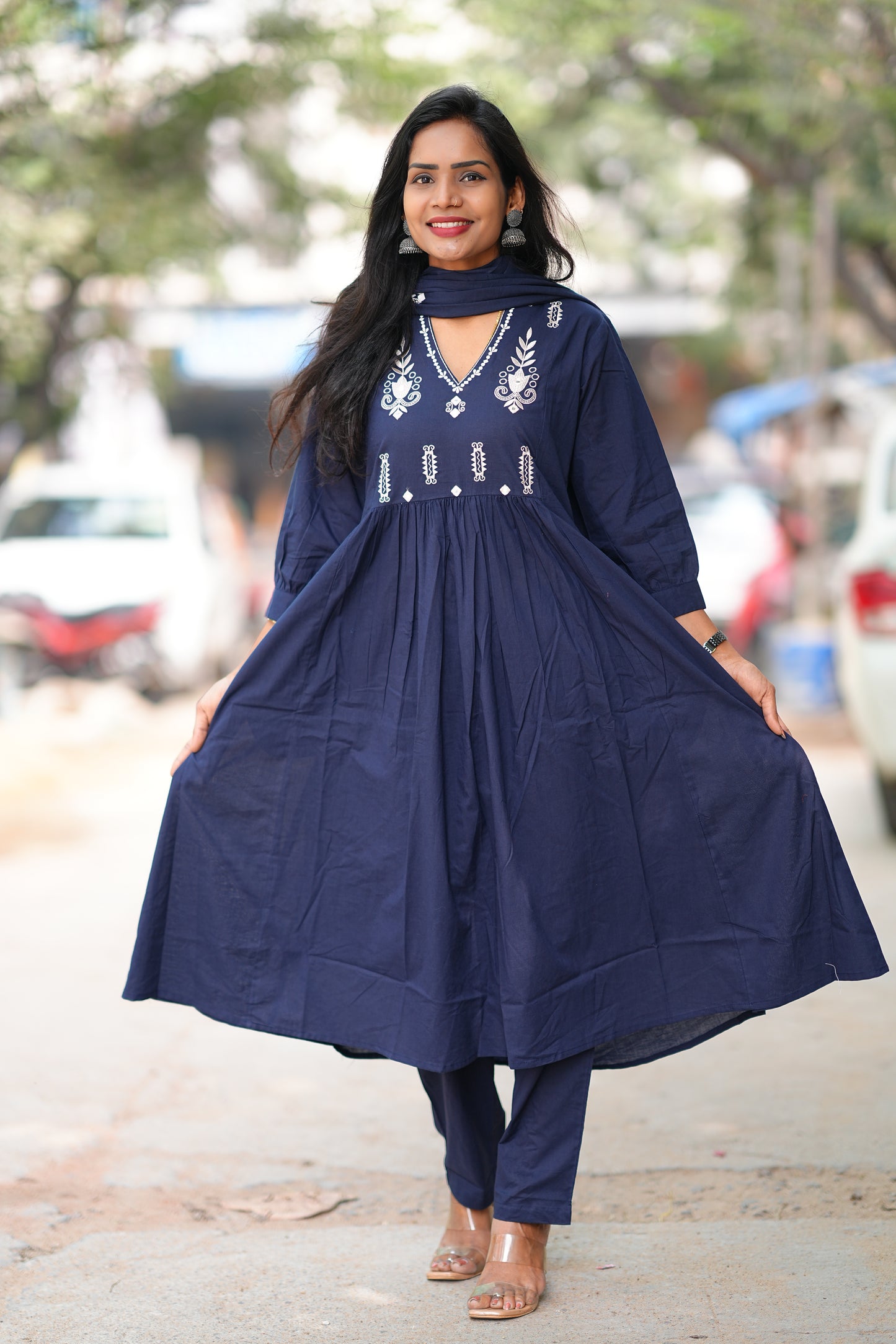 Blue Color Pure 92.5 Jaipur Cotton A line 3 Piece Set With Embroidery Work