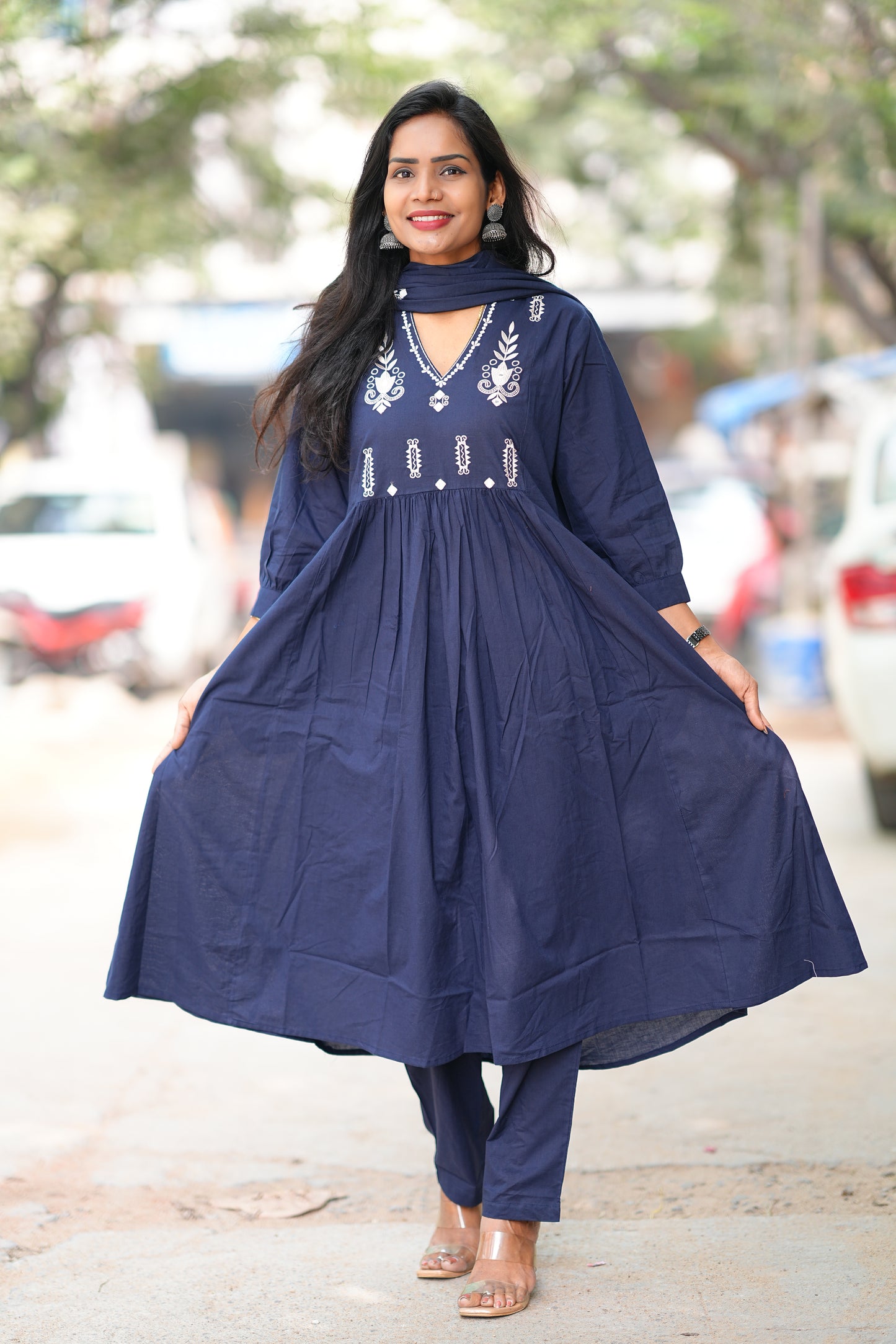 Navy Blue Color Pure 92.5 Jaipur Cotton A line 3 Piece Set With Embroidery Work