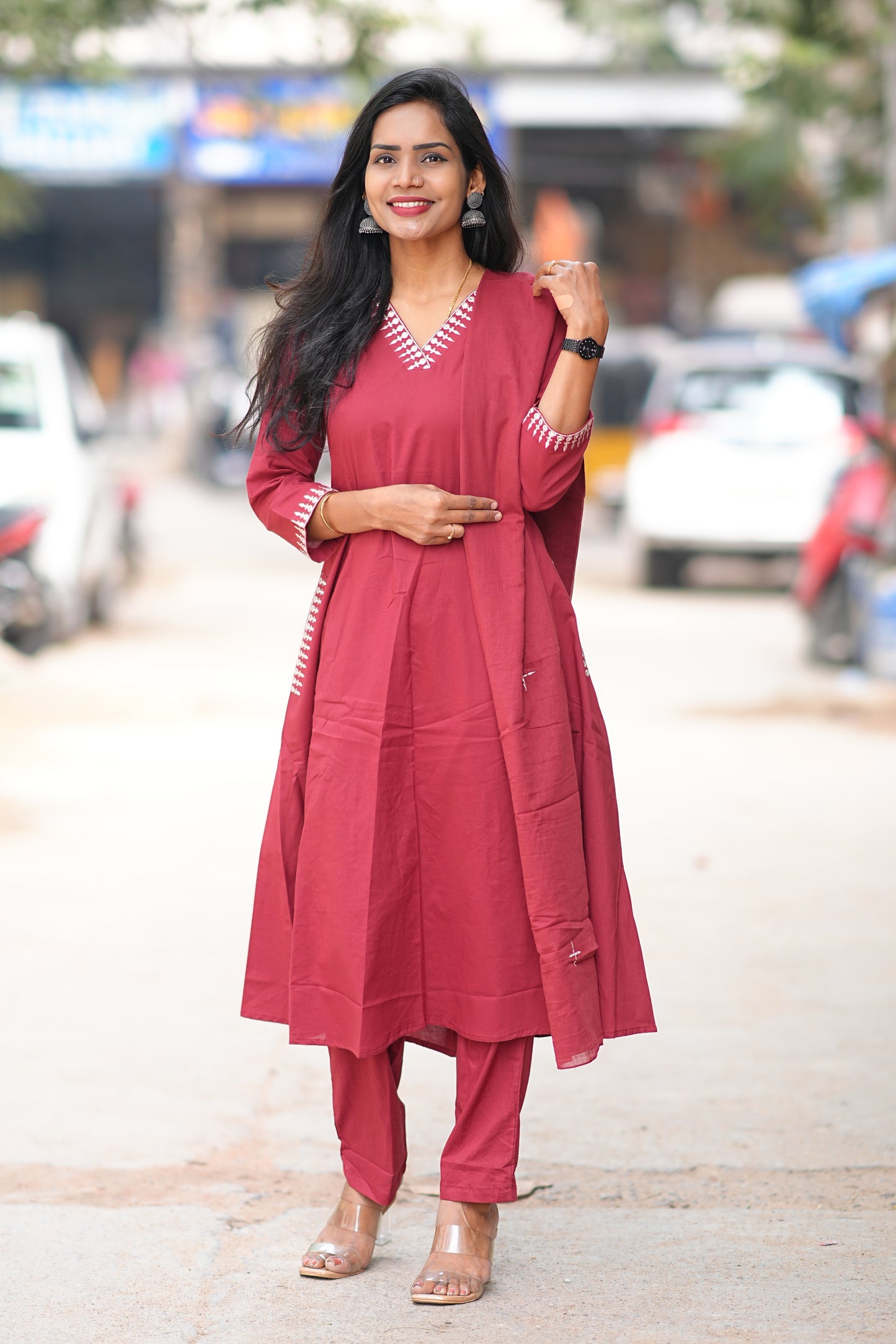 Red Color Premium 92.5 Jaipur Cotton Plus size A Line 3 Piece Set