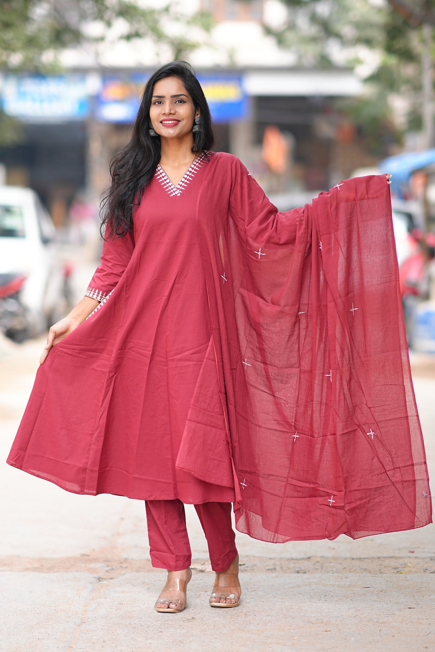 Red Color Premium 92.5 Jaipur Cotton Plus size A Line 3 Piece Set