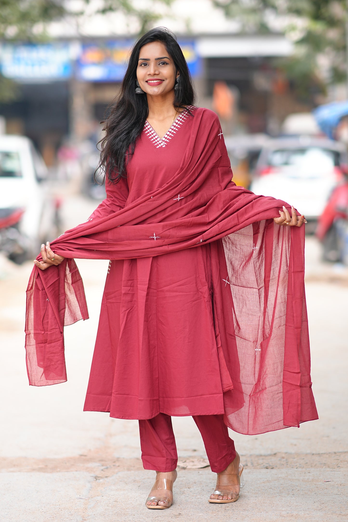 Red Color Premium 92.5 Jaipur Cotton Anarkali 3 Piece Set