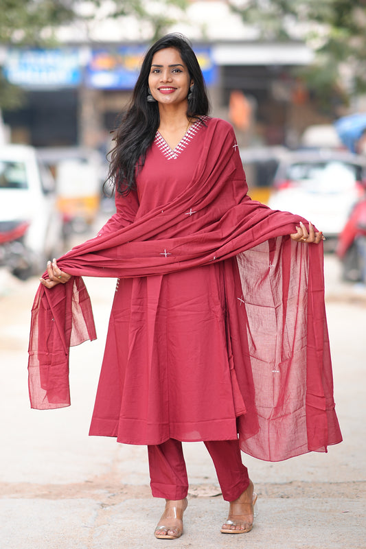 Red Color Premium 92.5 Jaipur Cotton Anarkali 3 Piece Set