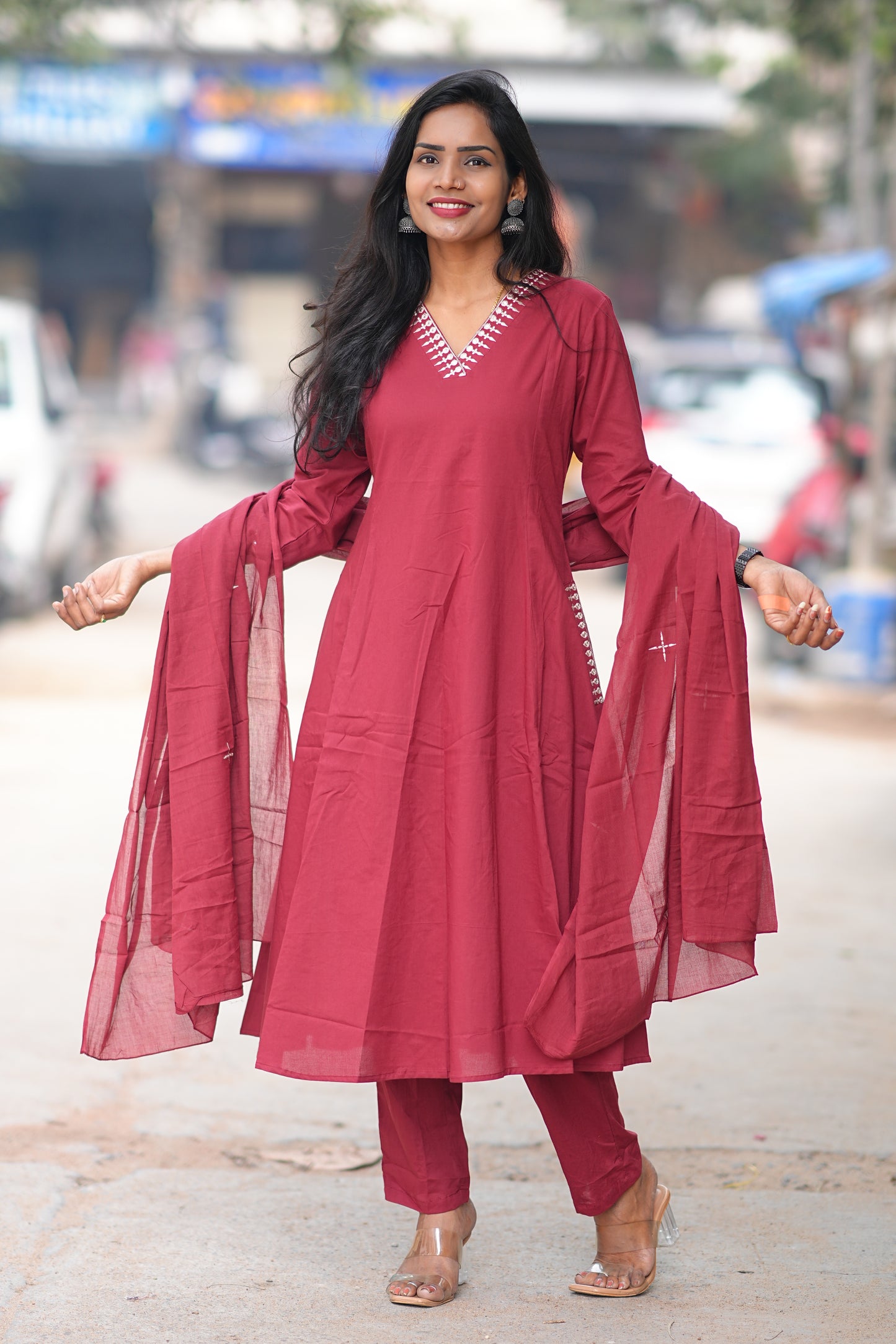 Red Color Premium 92.5 Jaipur Cotton Plus size A Line 3 Piece Set