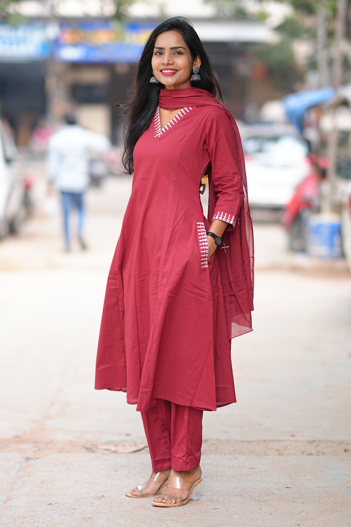 Red Color Premium 92.5 Jaipur Cotton Anarkali 3 Piece Set