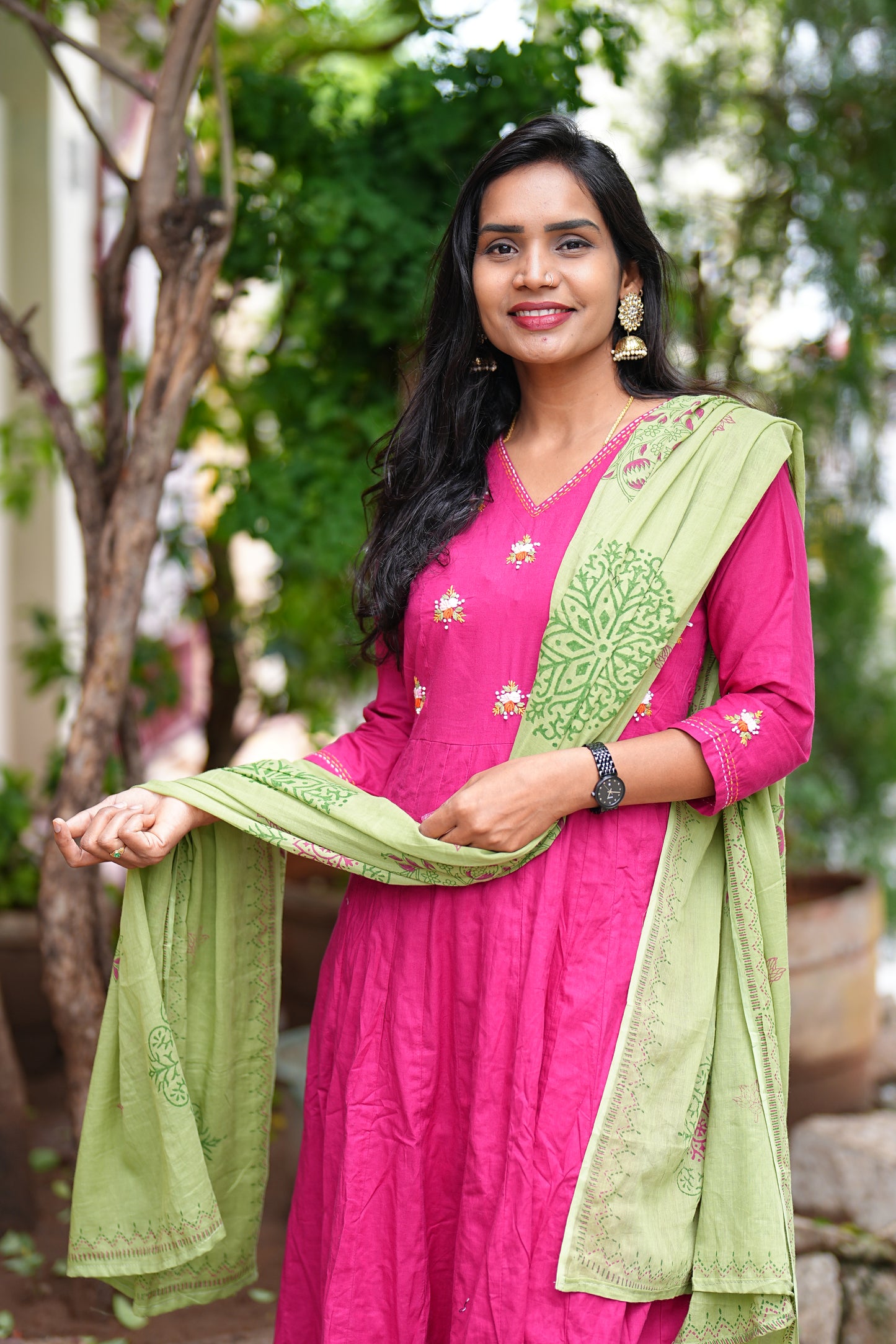 Pink Color Kali Pattern Anarkali 3 Piece Set With Complete Lining