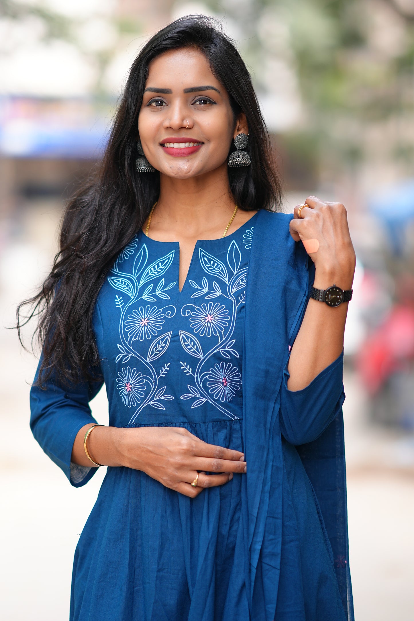 Mid Night Blue Thread Embriodary 92.5 jaipur Cotton A Line 3 Piece Set