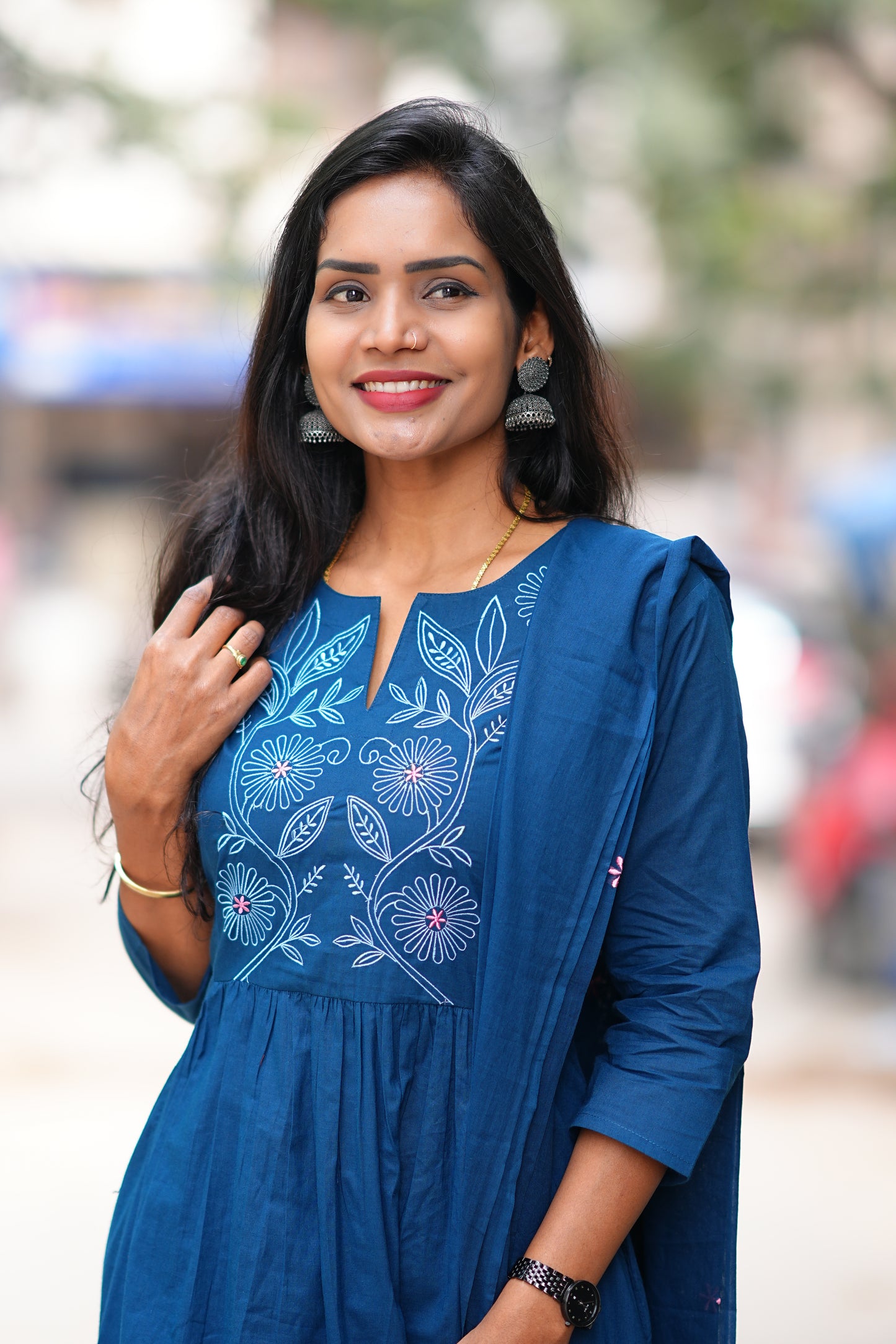 Mid Night Blue Thread Embriodary 92.5 jaipur Cotton A Line Plus Size 3 Piece Set