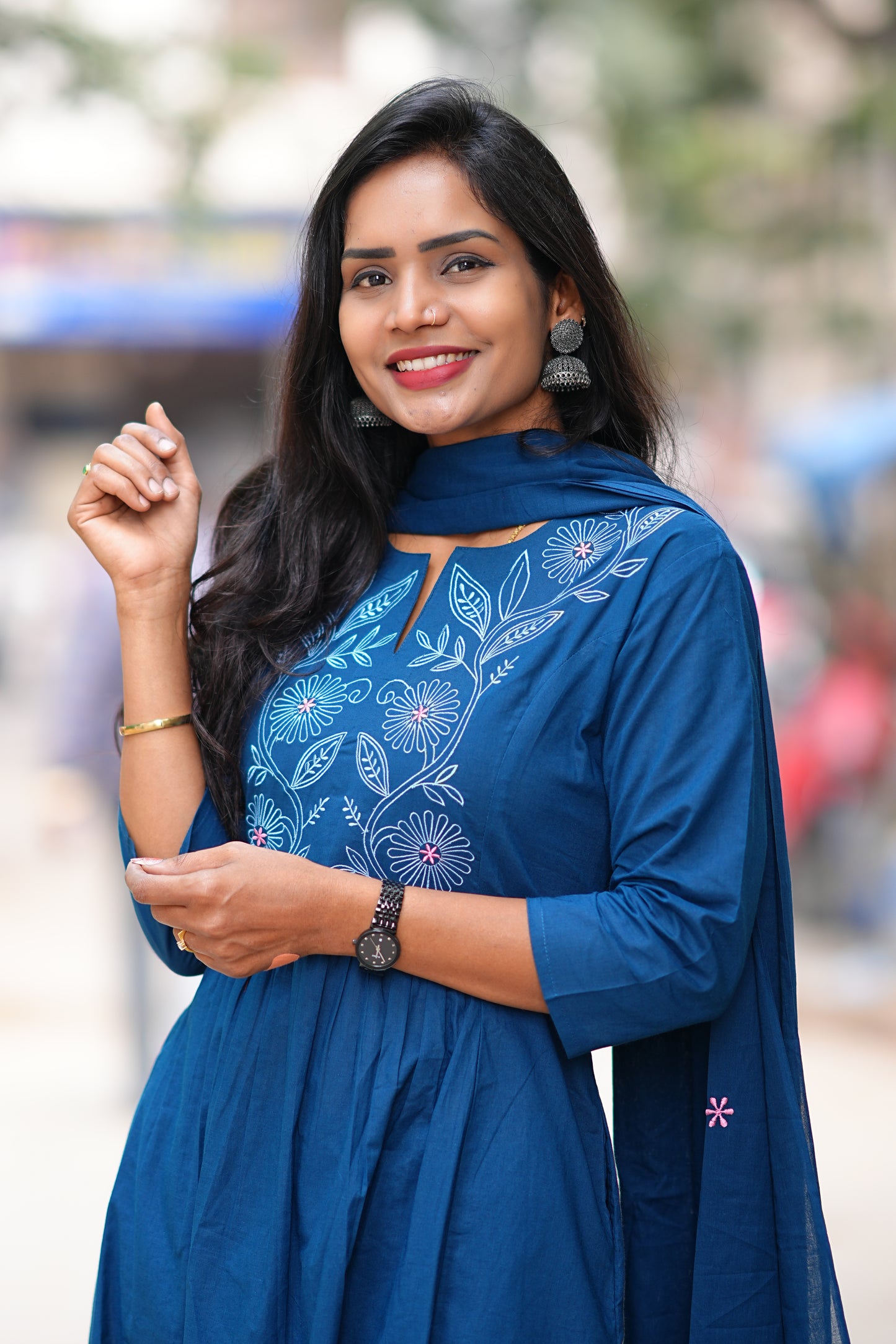 Mid Night Blue Thread Embriodary 92.5 jaipur Cotton A Line Plus Size 3 Piece Set