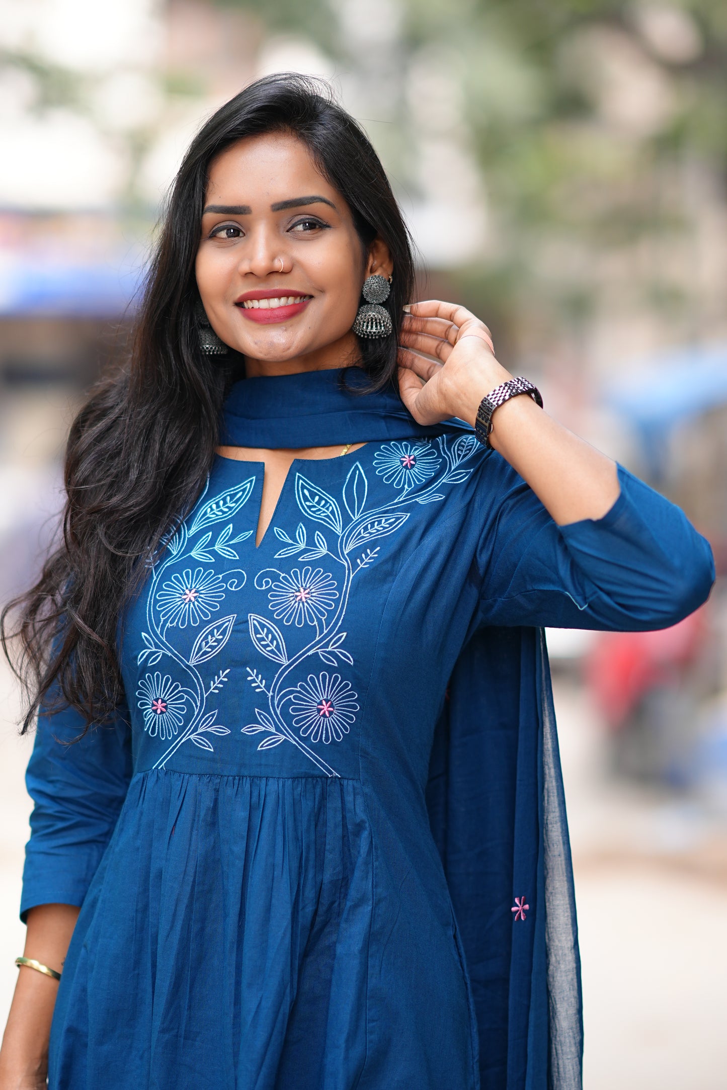 Mid Night Blue Thread Embriodary 92.5 jaipur Cotton A Line 3 Piece Set