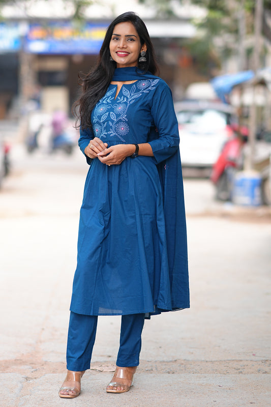 Mid Night Blue Thread Embriodary 92.5 jaipur Cotton A Line 3 Piece Set