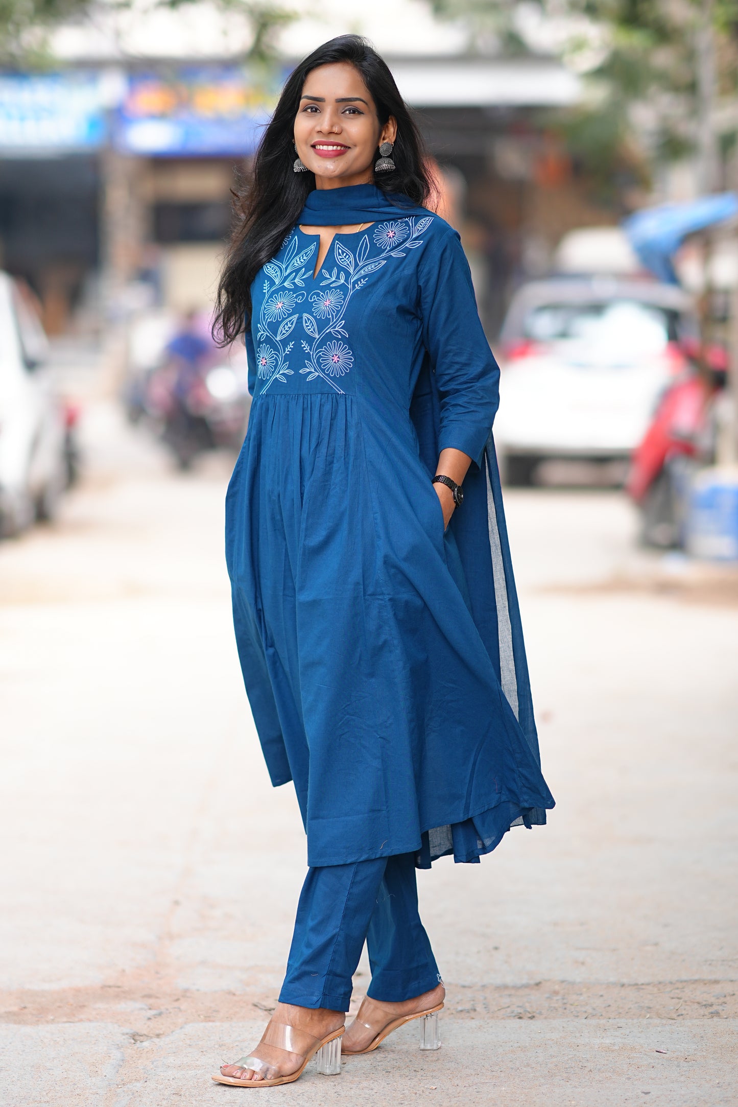 Mid Night Blue Thread Embriodary 92.5 jaipur Cotton A Line Plus Size 3 Piece Set