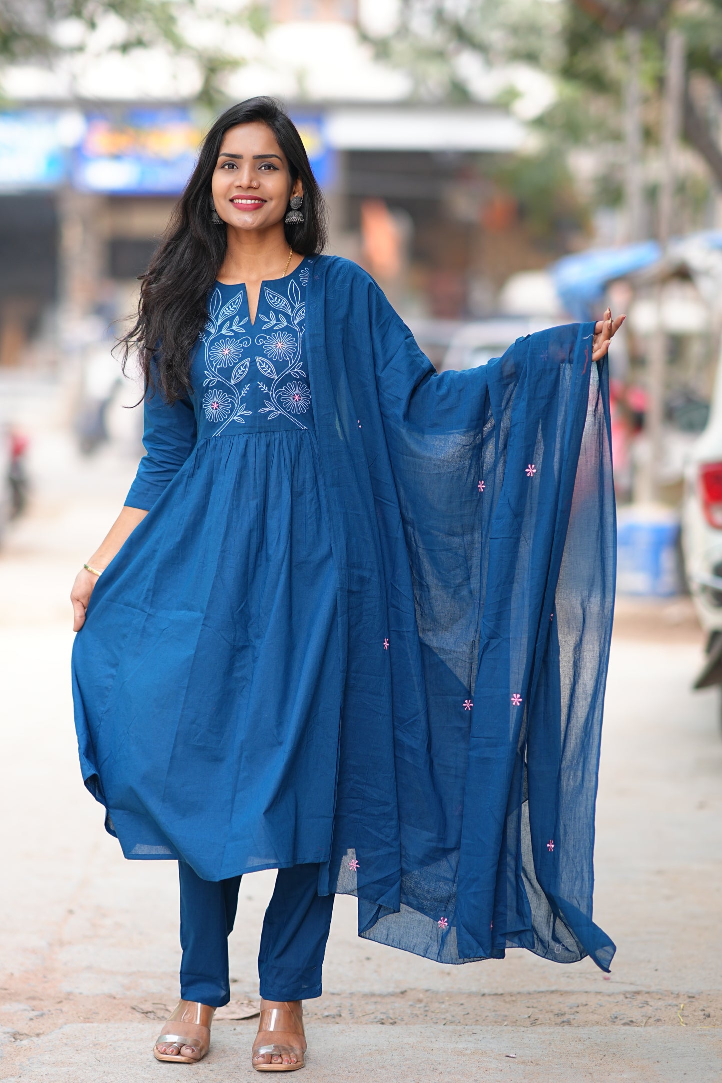 Mid Night Blue Thread Embriodary 92.5 jaipur Cotton A Line 3 Piece Set