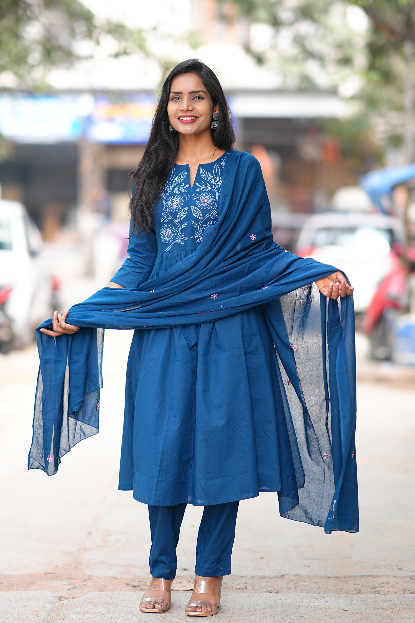 Mid Night Blue Thread Embriodary 92.5 jaipur Cotton A Line Plus Size 3 Piece Set