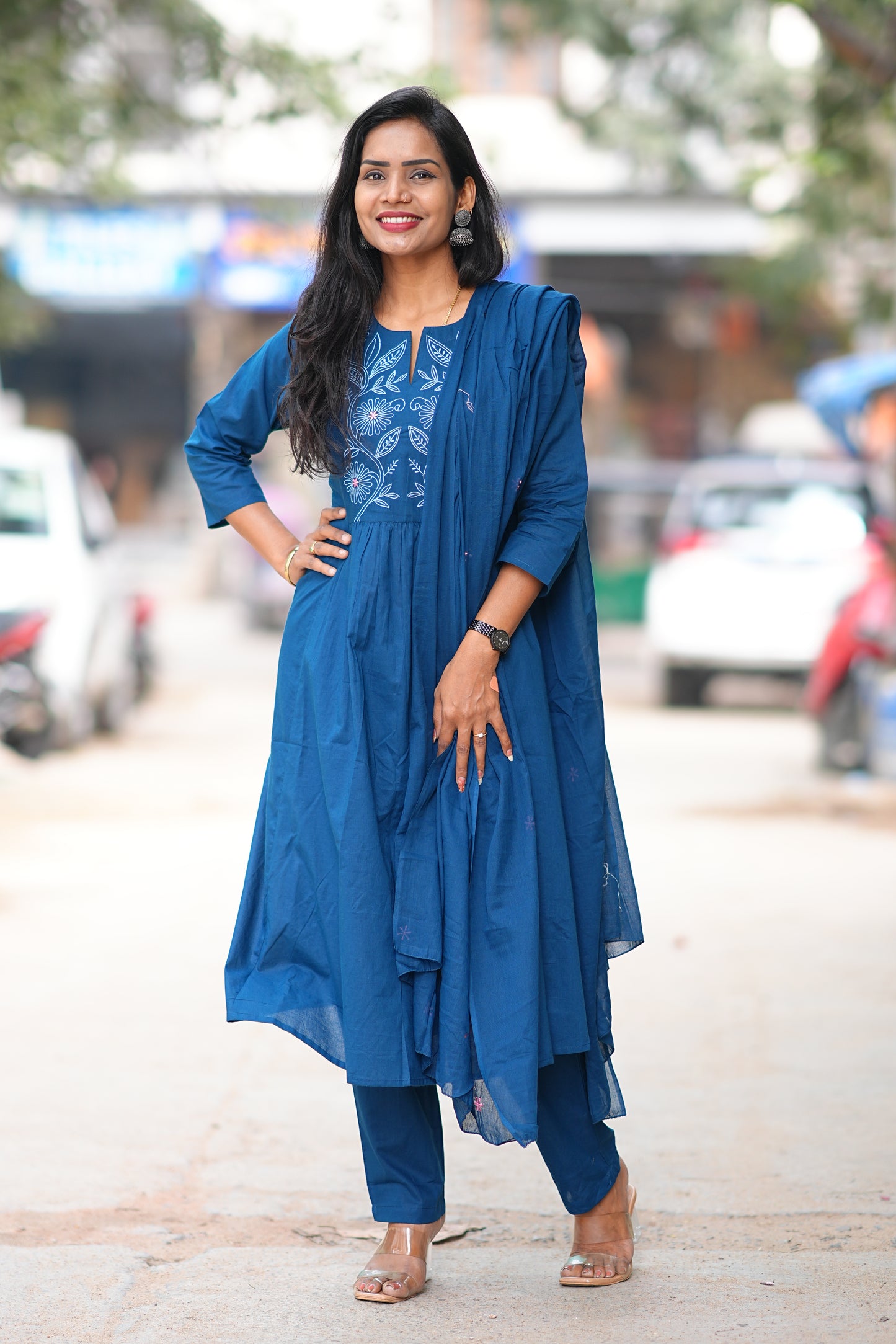 Mid Night Blue Thread Embriodary 92.5 jaipur Cotton A Line 3 Piece Set