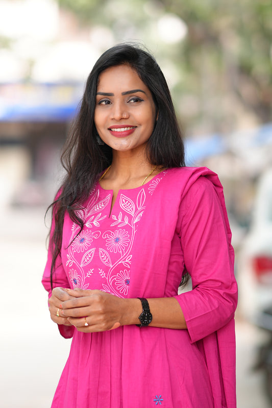 Magenta Pink Thread Embroidery 92.5 jaipur Cotton Plus Size A Line 3 Piece Set