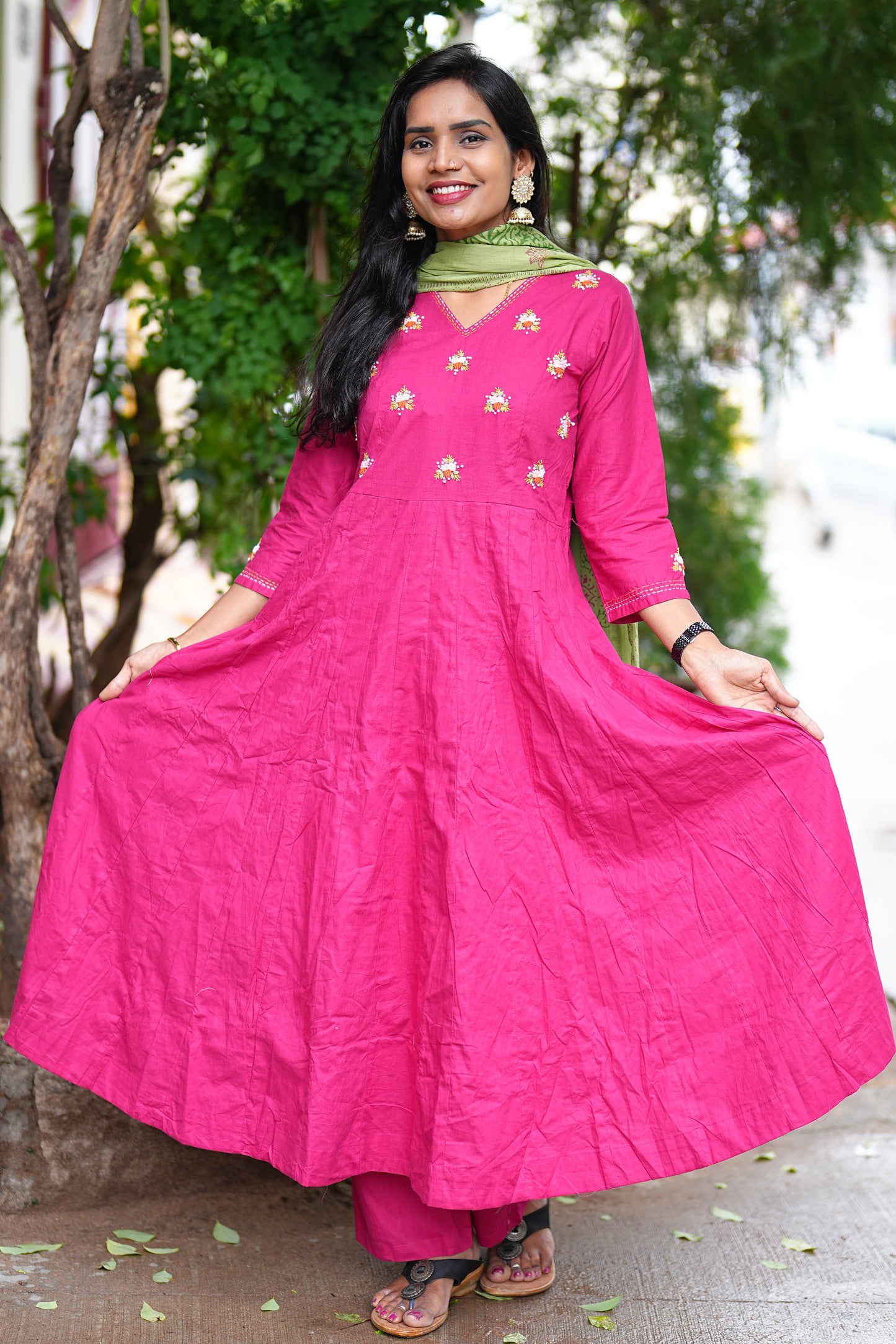 Pink Color Kali Pattern Anarkali 3 Piece Set With Complete Lining