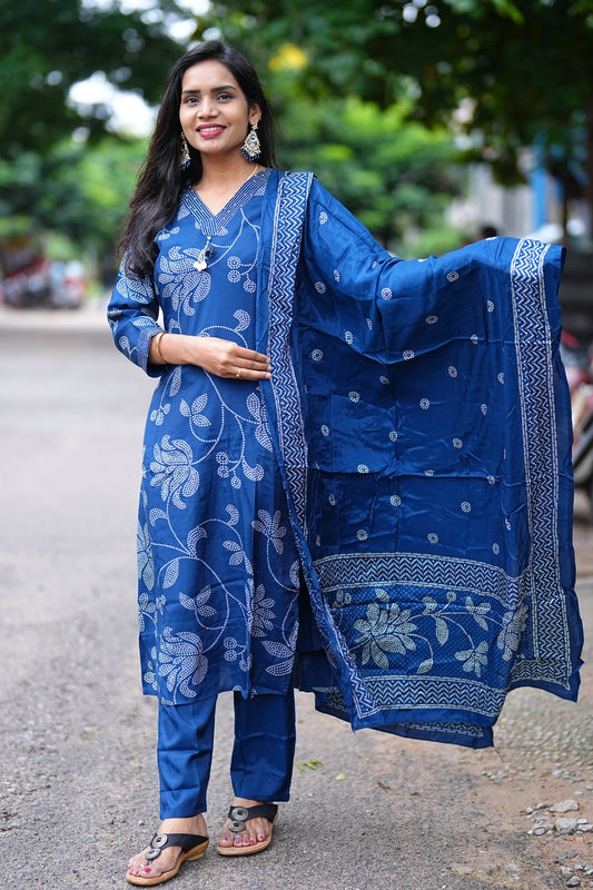 Royal Blue Viscose Chinon Silk 3 Piece Set With Complete Lining