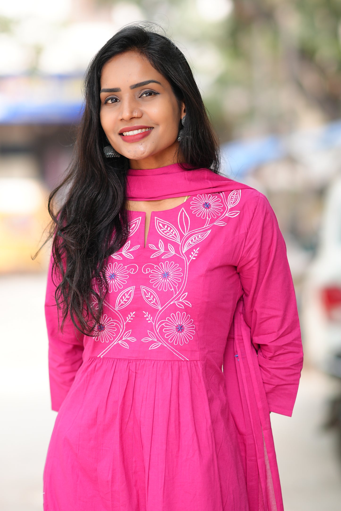 Magenta Pink Thread Embroidery 92.5 jaipur Cotton Plus Size A Line 3 Piece Set
