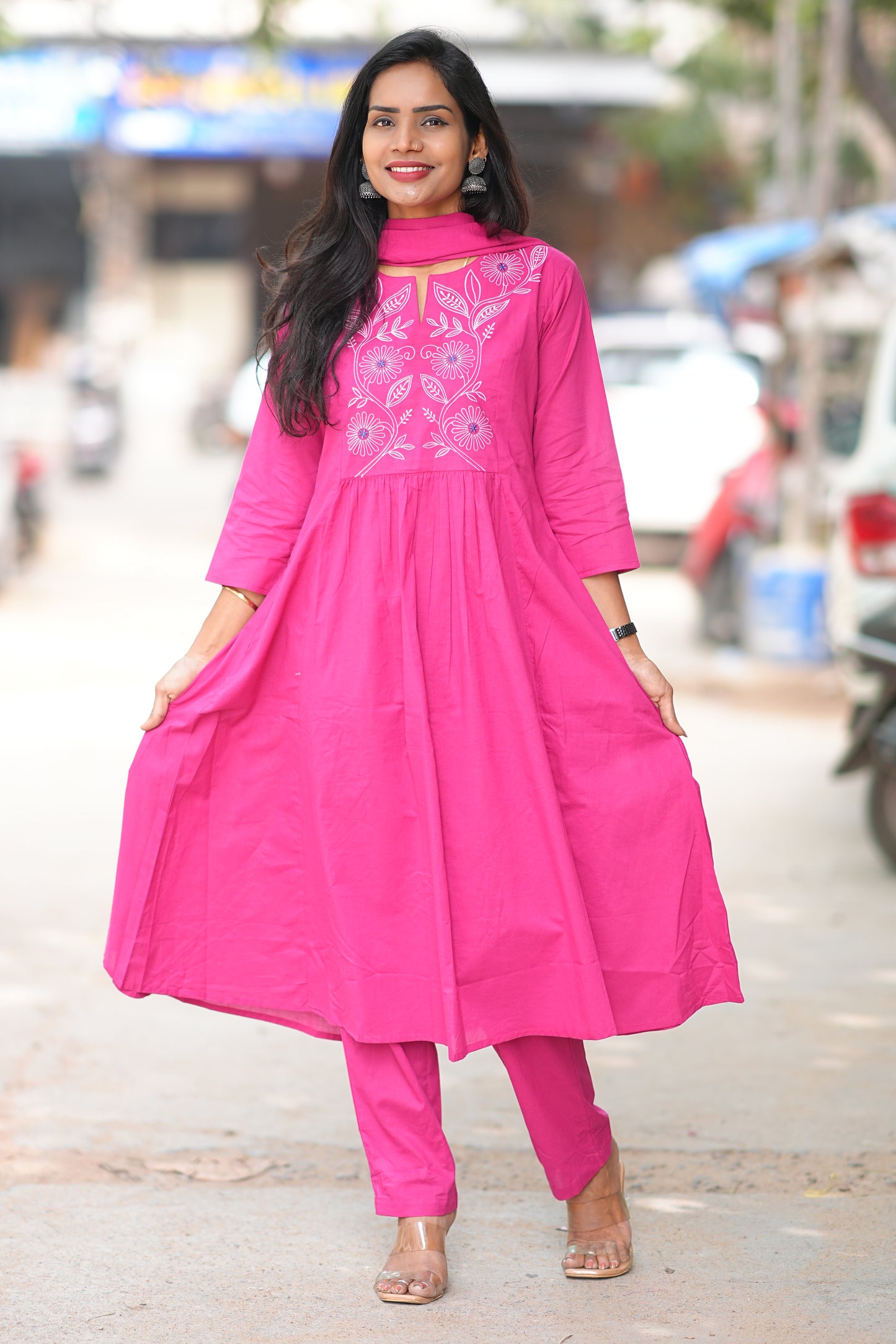 Magenta Pink Thread Embroidery 92.5 jaipur Cotton Plus Size A Line 3 Piece Set