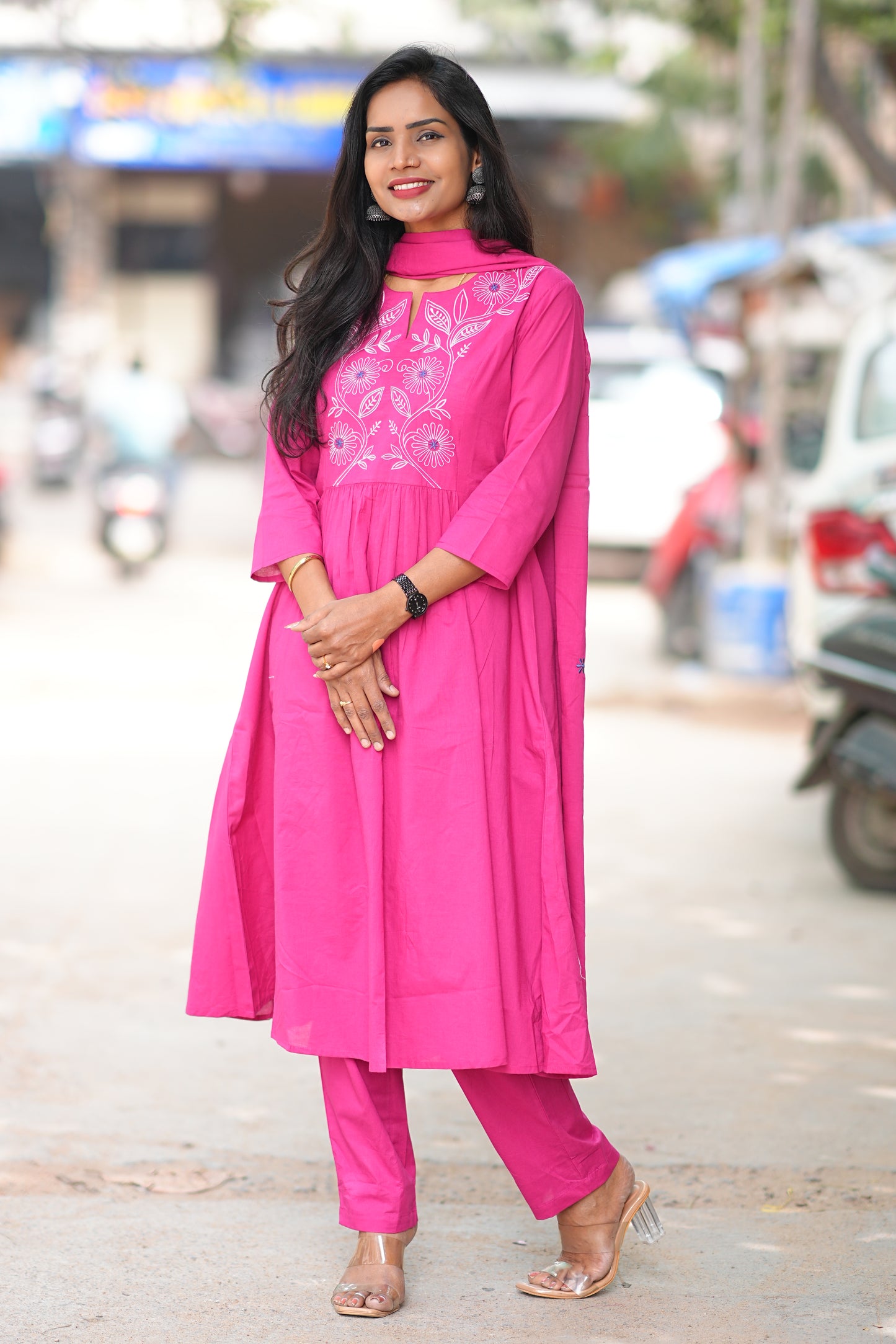 Magenta Pink Thread Embroidery 92.5 jaipur Cotton Plus Size A Line 3 Piece Set