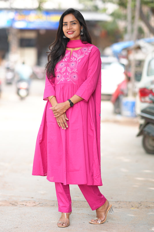 Magenta Pink Thread Embroidery 92.5 jaipur Cotton Plus Size A Line 3 Piece Set