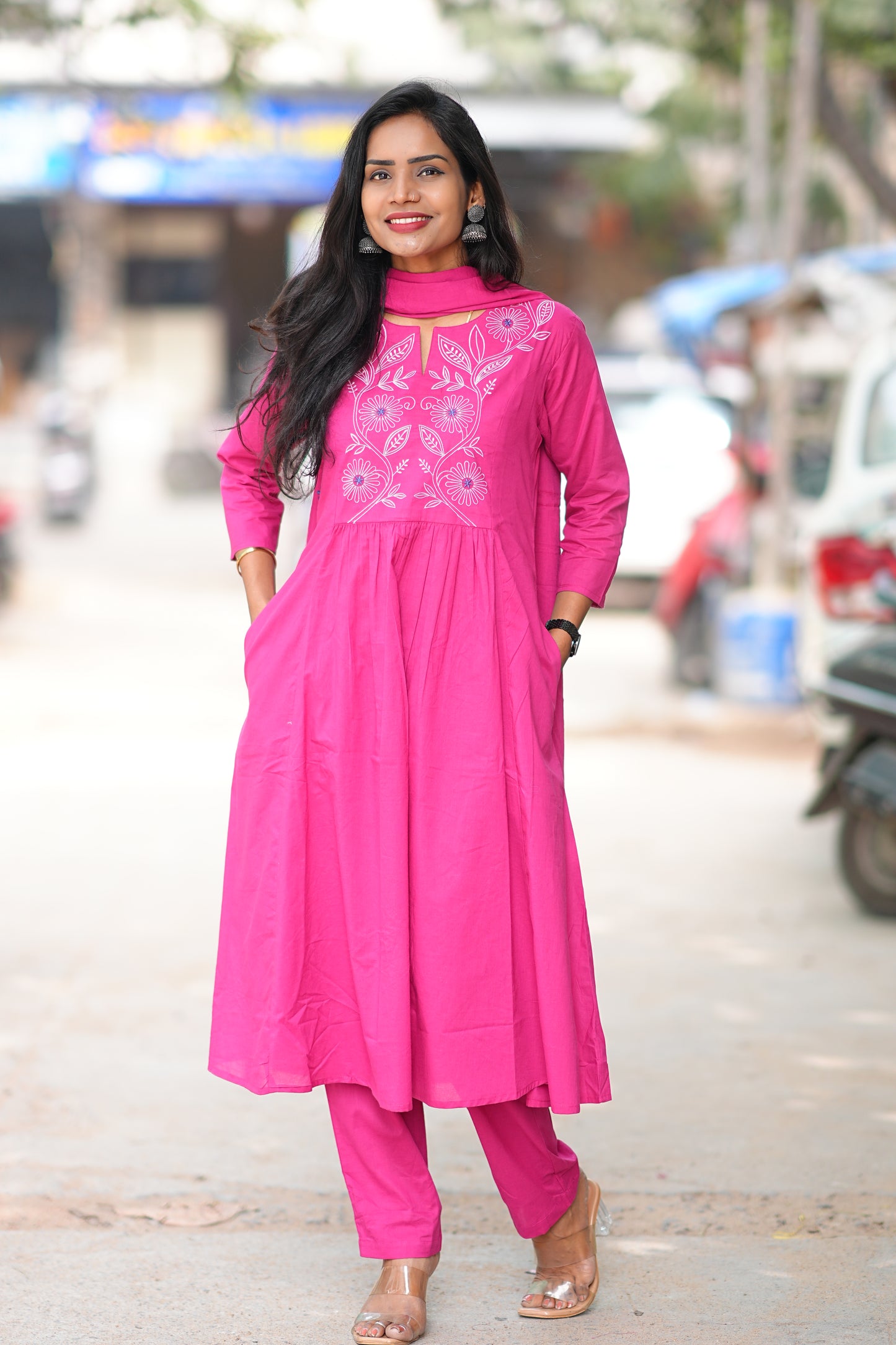 Magenta Pink Thread Embroidery 92.5 jaipur Cotton Plus Size A Line 3 Piece Set