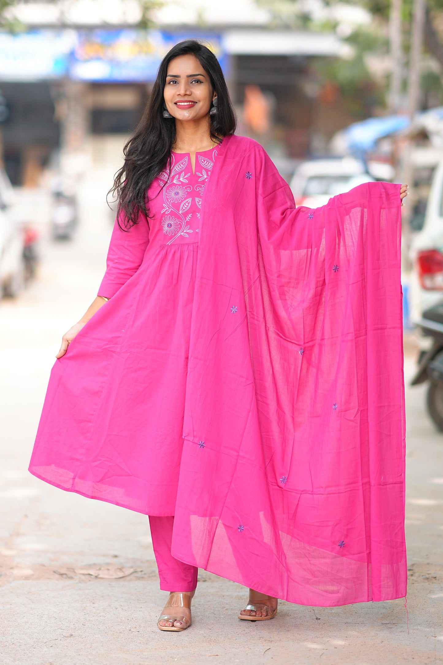 Magenta Pink Thread Embroidery 92.5 jaipur Cotton Plus Size A Line 3 Piece Set