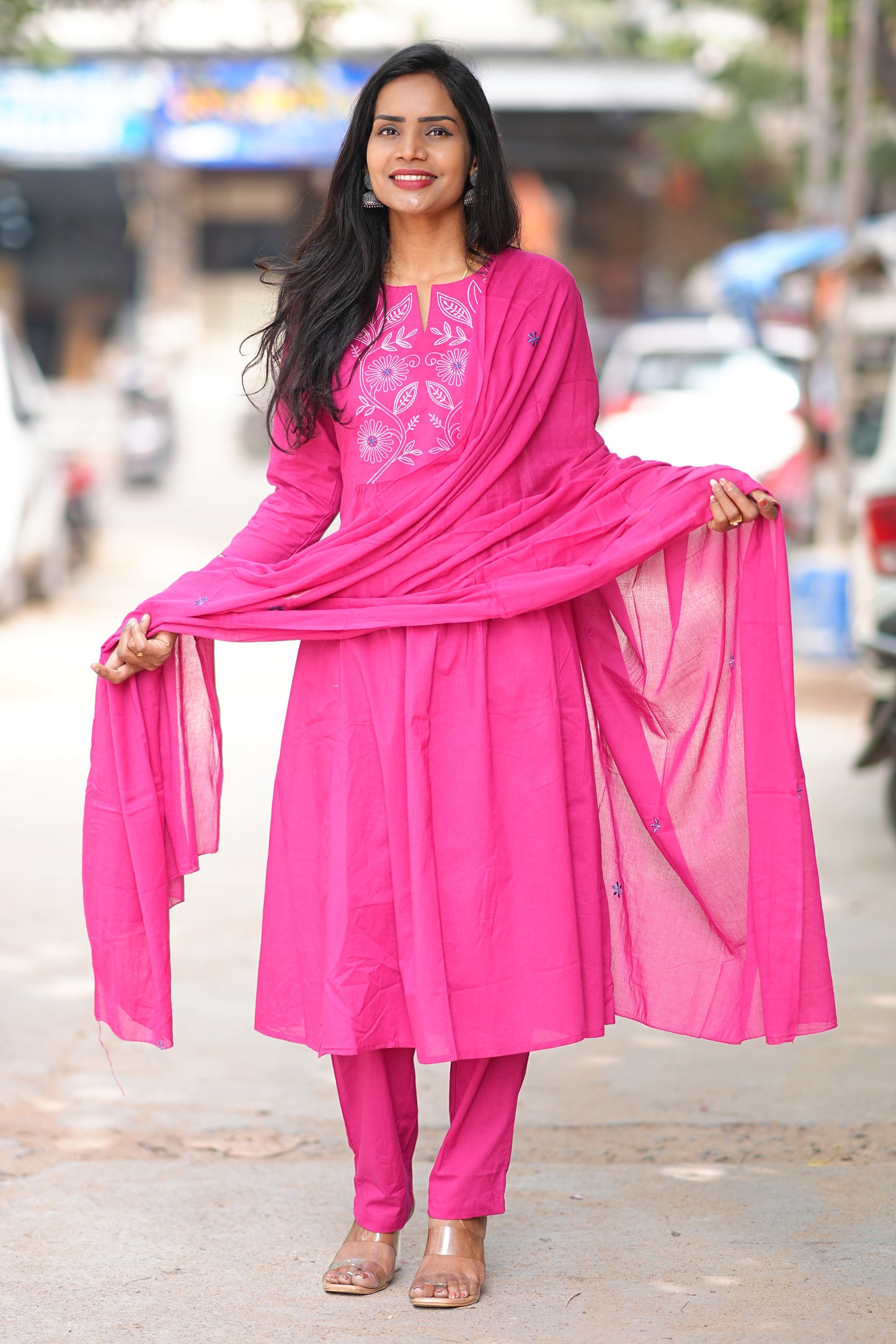 Magenta Pink Thread Embroidery 92.5 jaipur Cotton Plus Size A Line 3 Piece Set