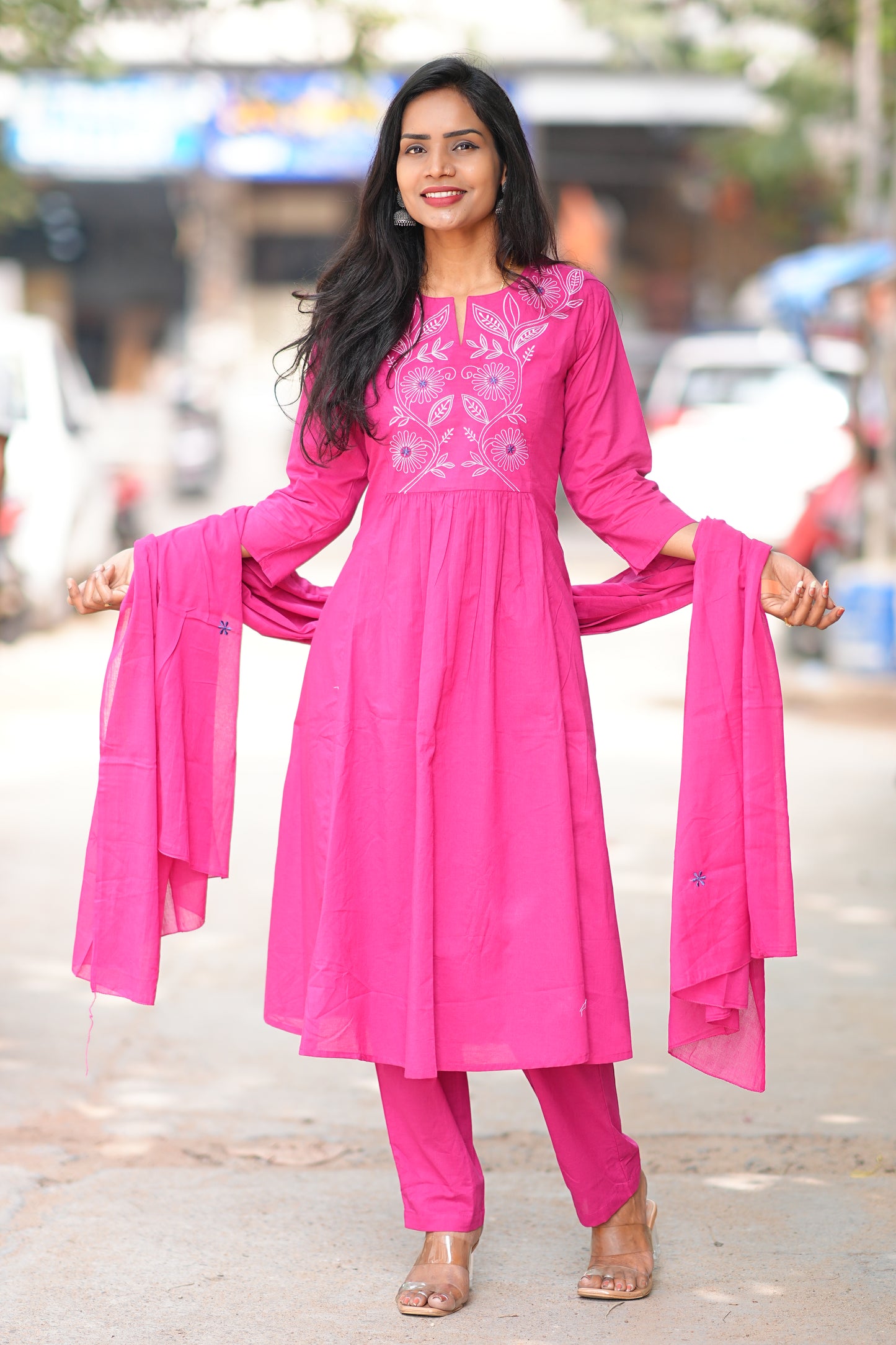 Magenta Pink Thread Embroidery 92.5 jaipur Cotton Plus Size A Line 3 Piece Set