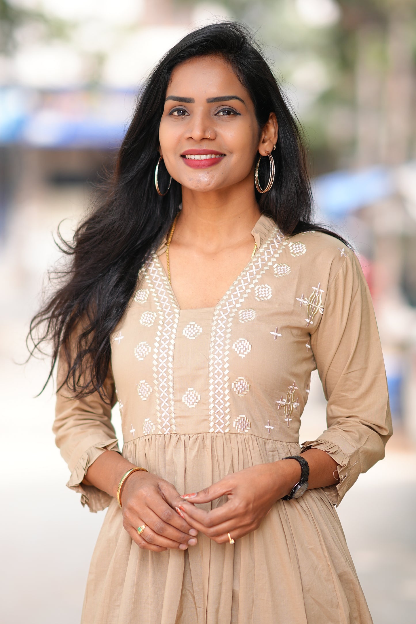 Jaipur Cotton Beige Colour Frock With Embroidery Work